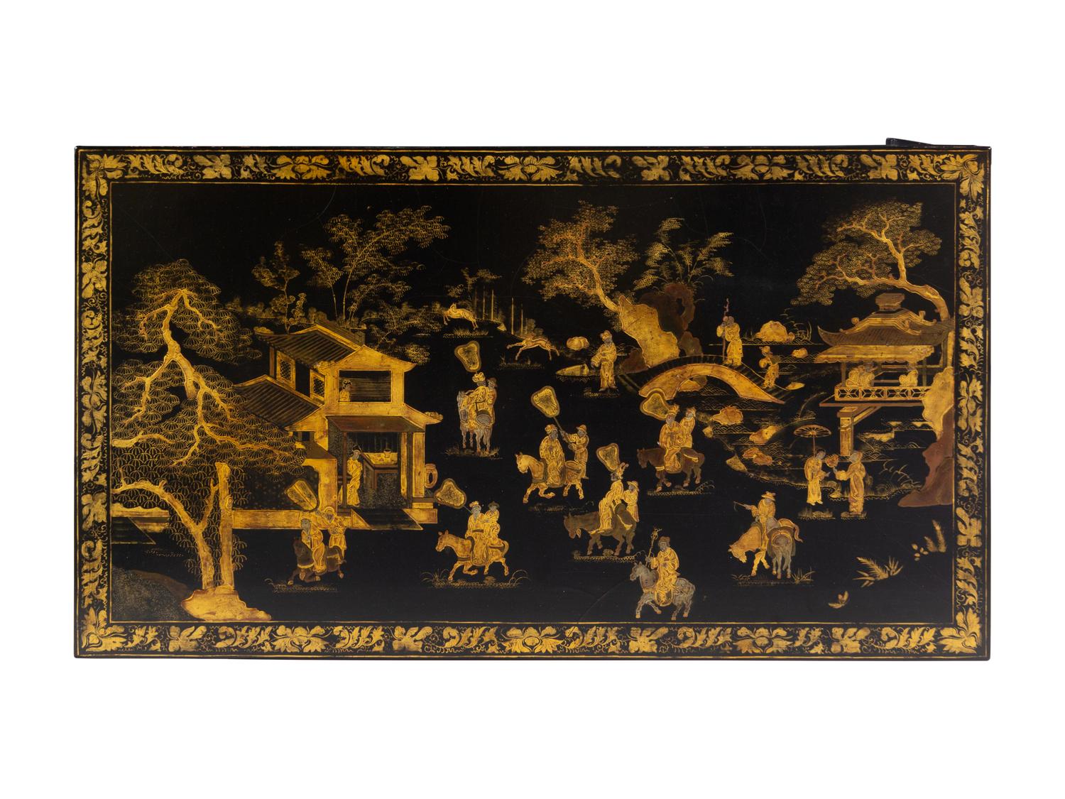 A Chinese Gilt Decorated Black Lacquered Panel Mounted as a Low Table