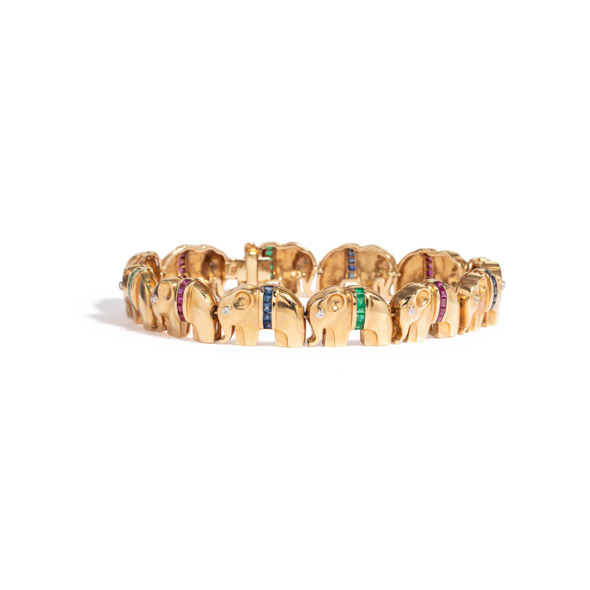 YELLOW GOLD, MULTIGEM AND DIAMOND ELEPHANT BRACELET