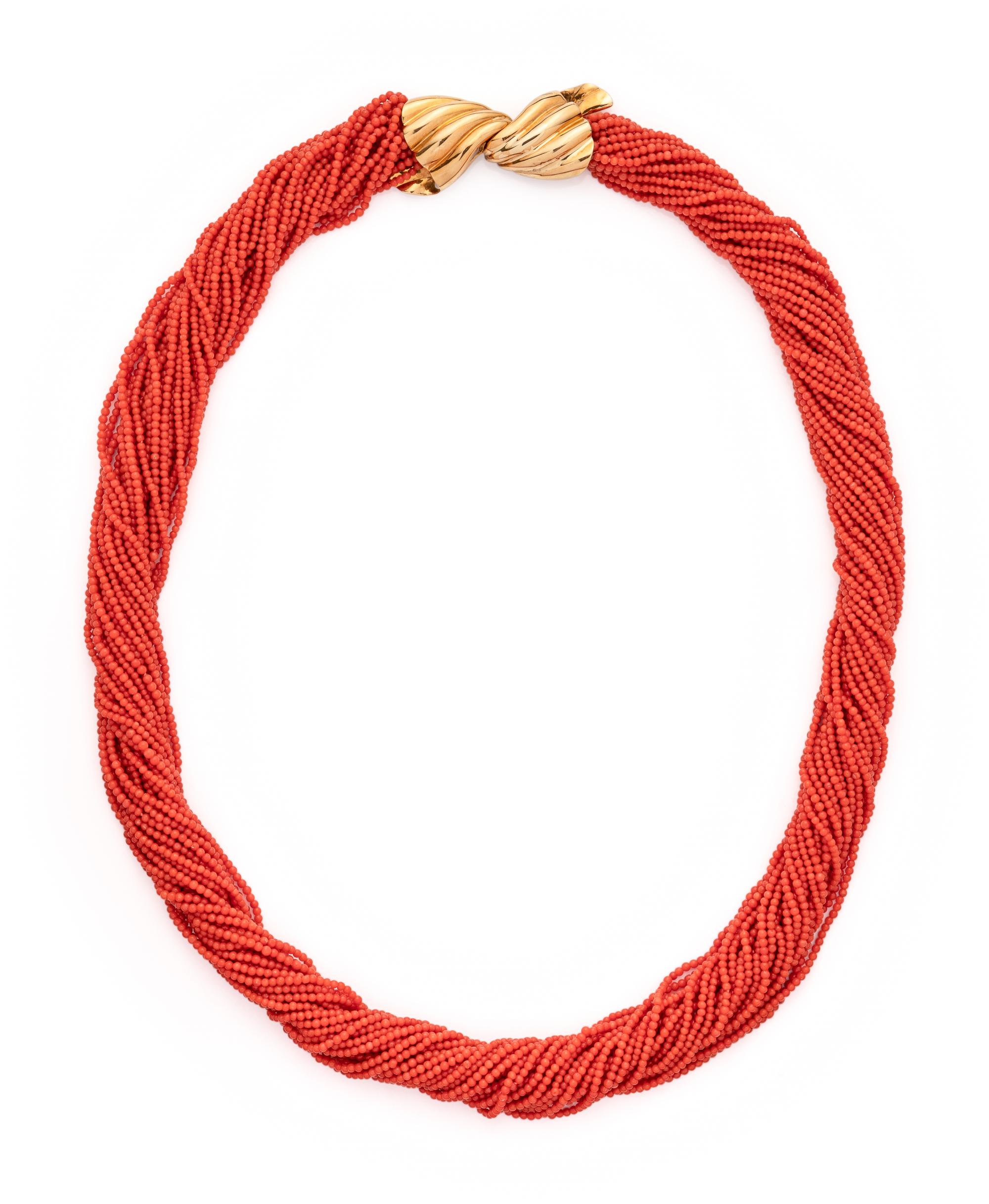 YELLOW GOLD AND CORAL TORSADE NECKLACE