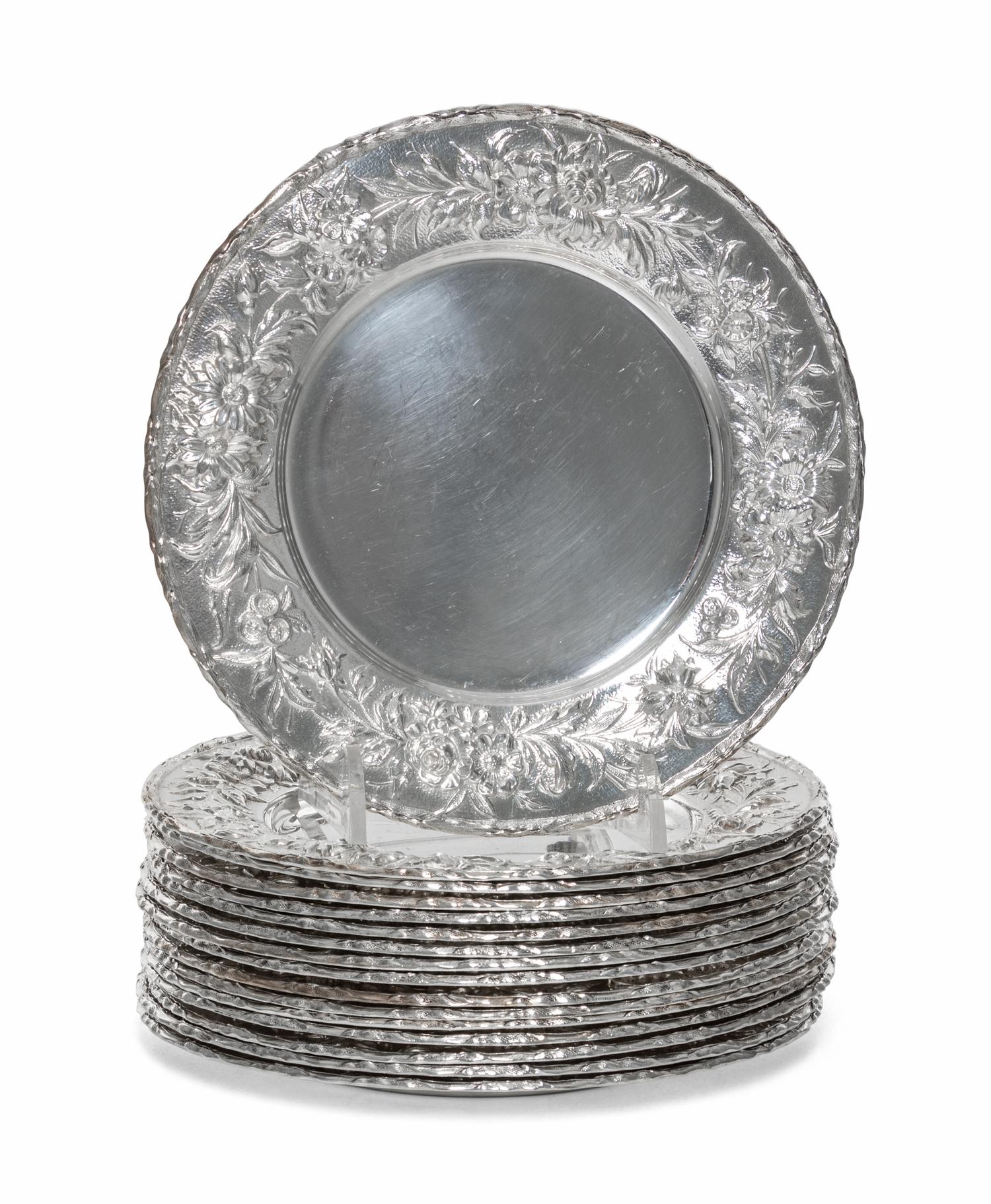 A Set of Sixteen American Silver Bread Plates, S. Kirk & Son, Baltimore, MD, Circa 1930, circular, the borders chased with dense flower