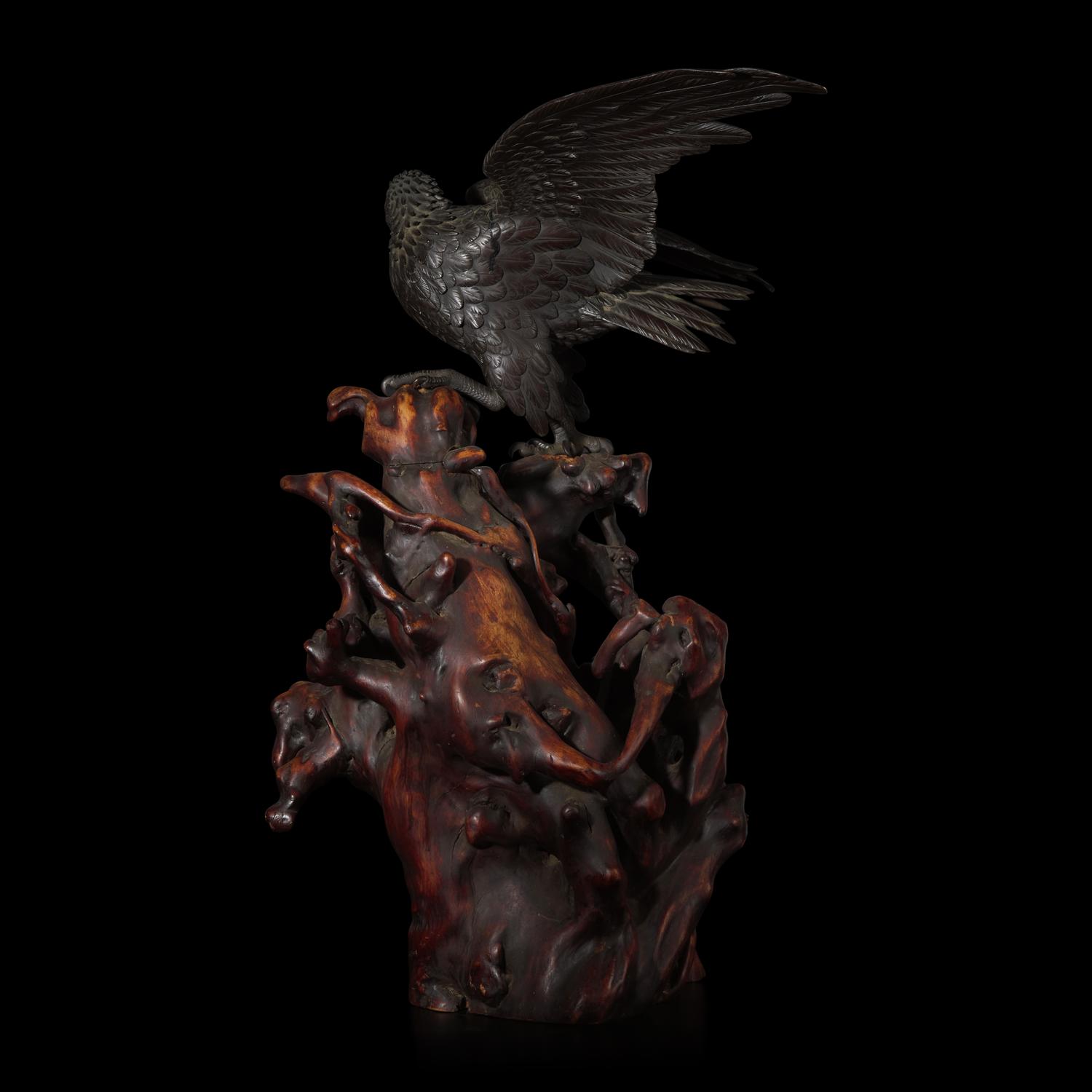 A Japanese Patinated Bronze Figure of an Eagle, Atsuyoshi for the Maruki Co. 丸木製厚義作銅鷹置物