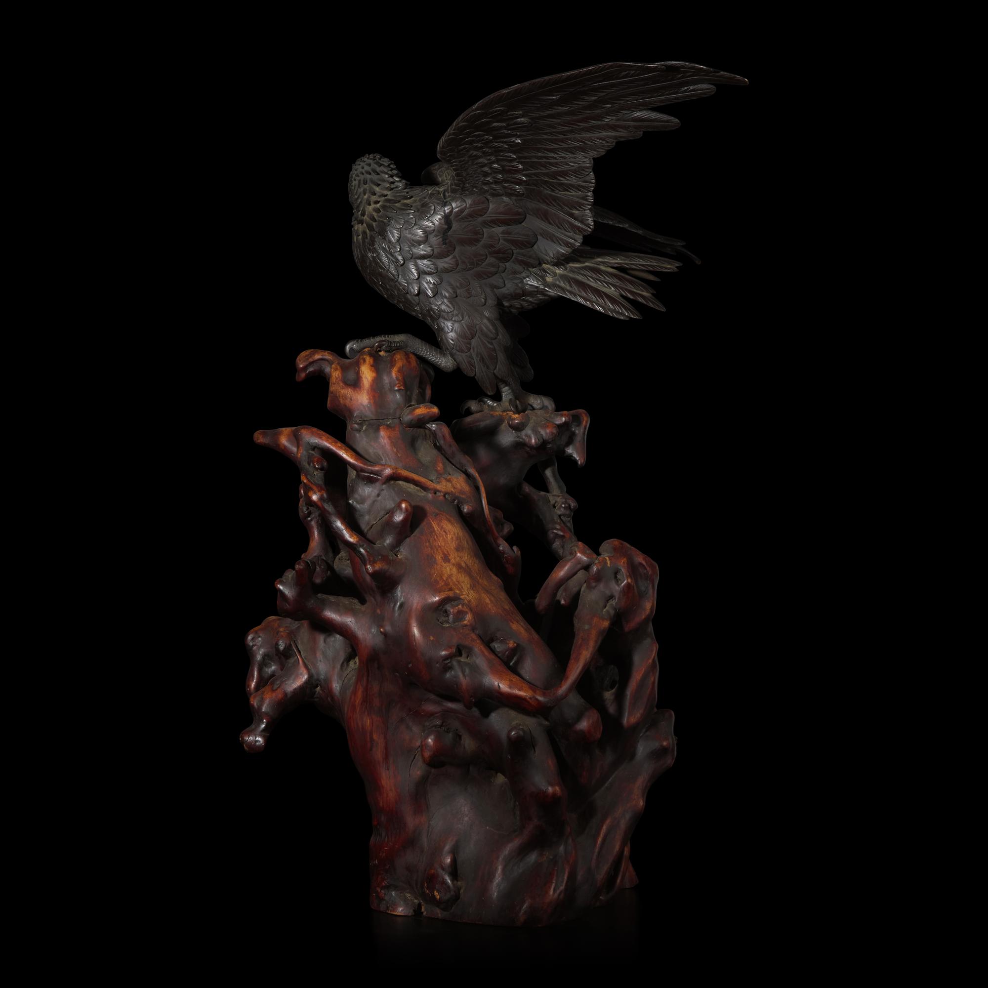 A Japanese Patinated Bronze Figure of an Eagle, Atsuyoshi for the Maruki Co. 丸木製厚義作銅鷹置物