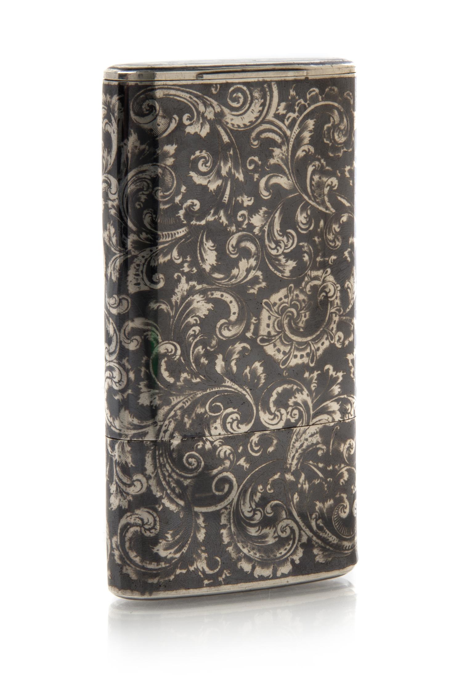 A Russian Niello Silver Cigarette Case, Maker's mark Cyrillic AN, assay mark of Andrey Kovalsky, Moscow, 1849, having a lift-off lid op