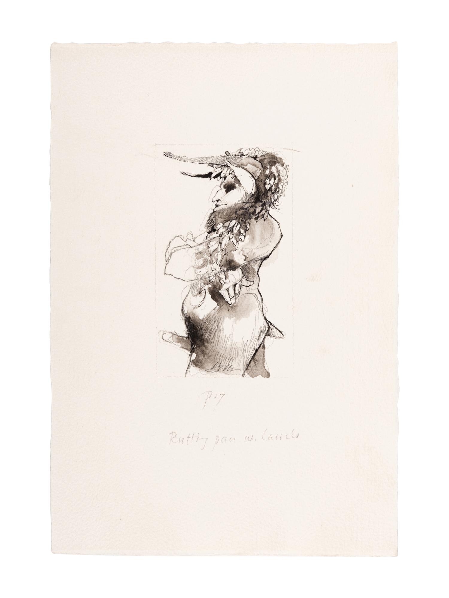 MOSER, Barry. 3 original pen & ink with wash and pencil drawings for Eight Wood Engravings on a Theme of Pan. [1980]. Each ca 285 x 195 mm. On watercolor paper. Each signed and captioned in pencil.
