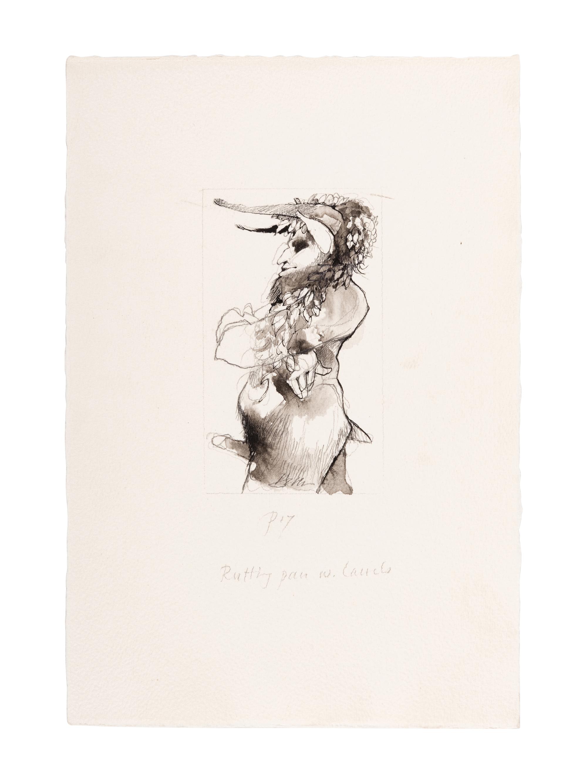 MOSER, Barry. 3 original pen & ink with wash and pencil drawings for Eight Wood Engravings on a Theme of Pan. [1980]. Each ca 285 x 195 mm. On watercolor paper. Each signed and captioned in pencil.