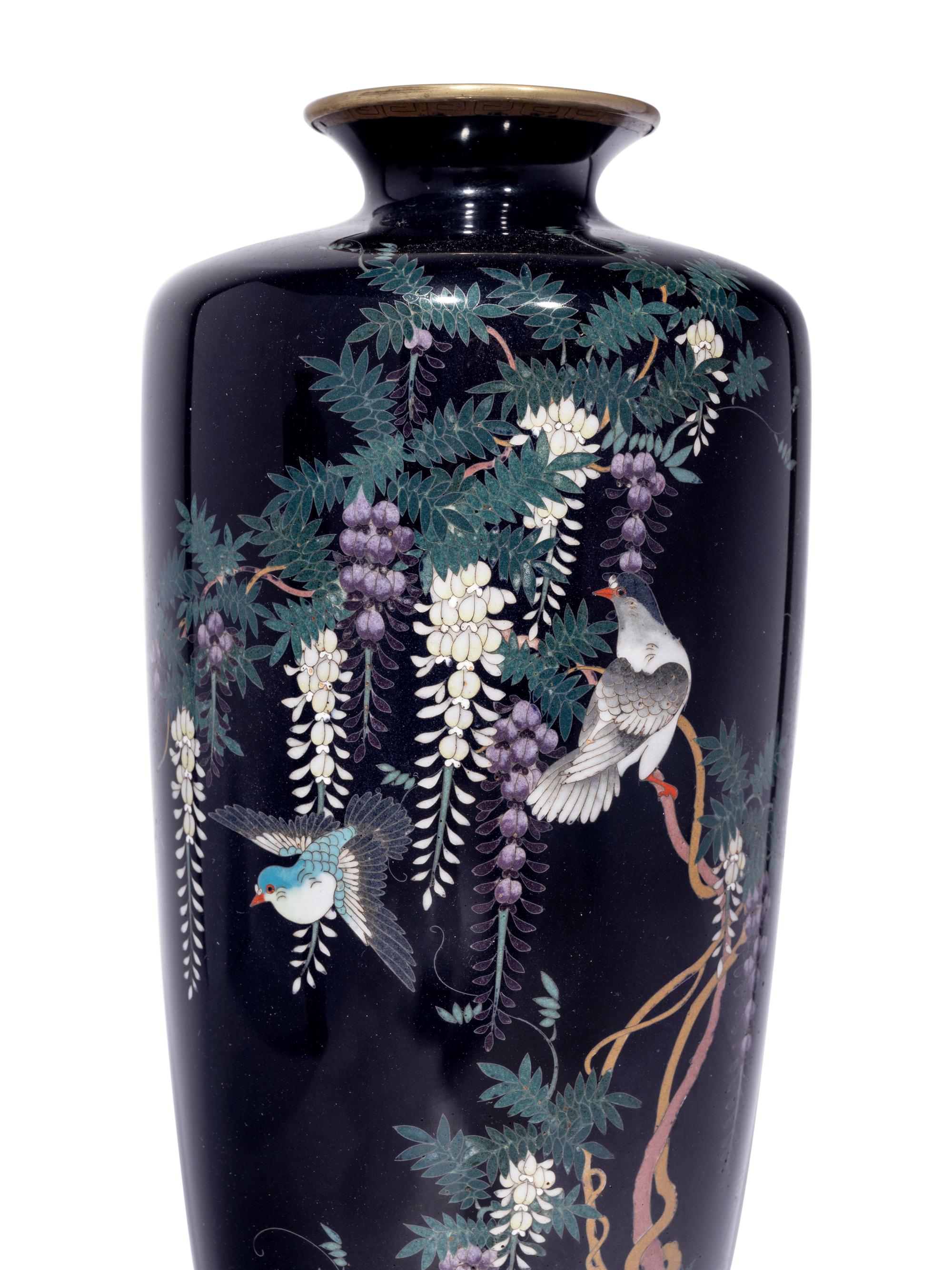 A Pair of Black Ground Cloisonné Vases