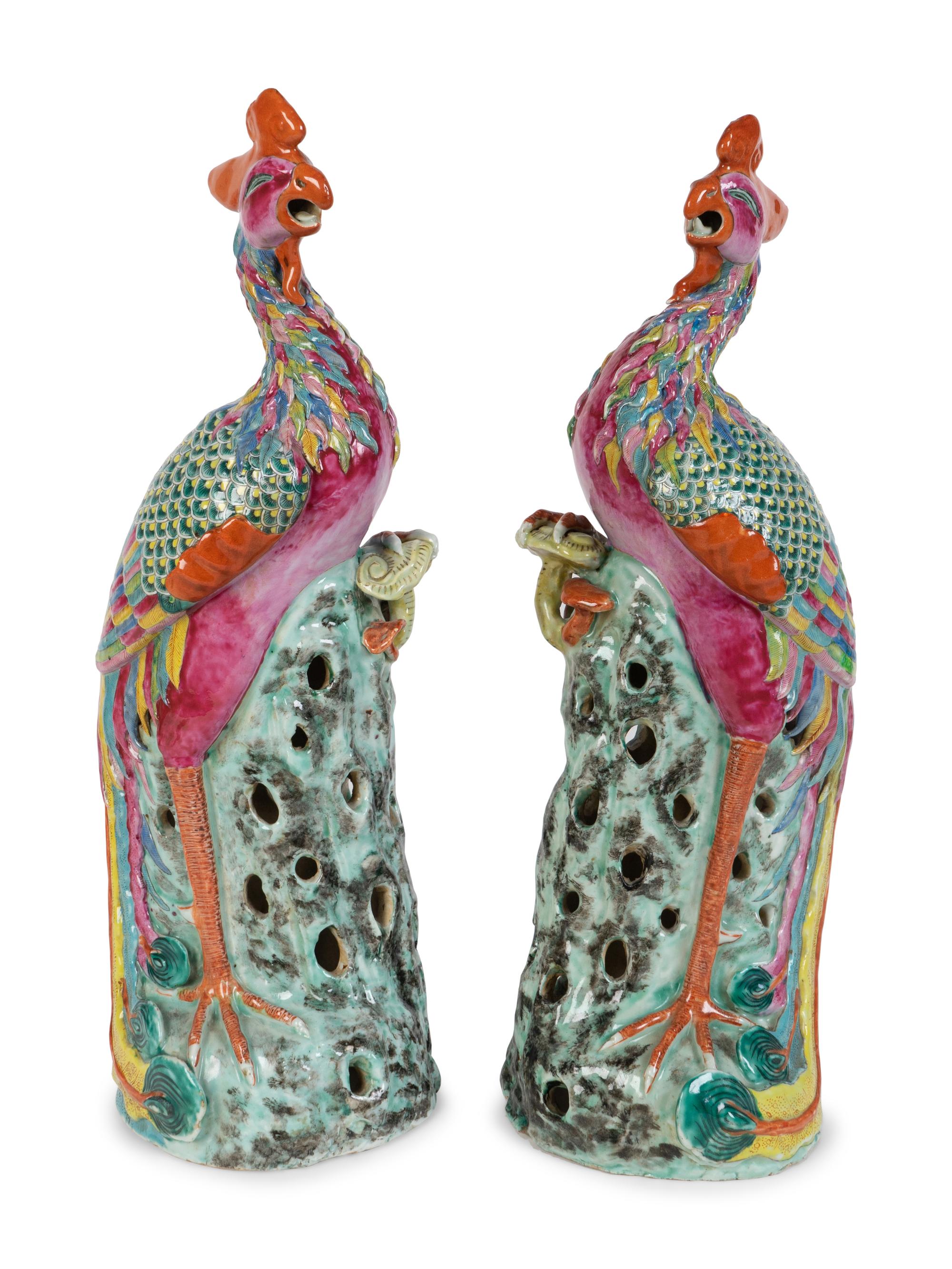 A Large Pair of Chinese Export Famille Rose Porcelain Figures of Phoenix Birds — 19TH CENTURY