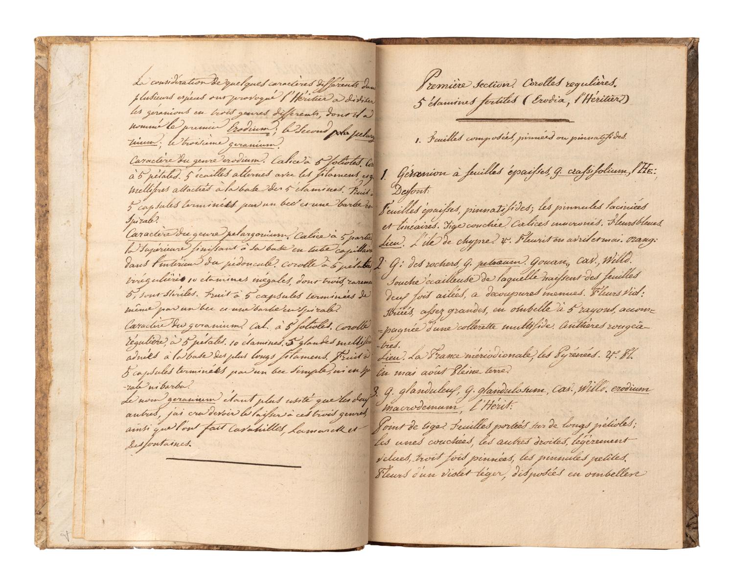 [MANUSCRIPTS—BOTANY]. [DUMONT, George Louis Marie de Courset (1746-1824). “Description de 131 Geranions à l’usage de Ch. Dutrieu.” [Paris], 1815.