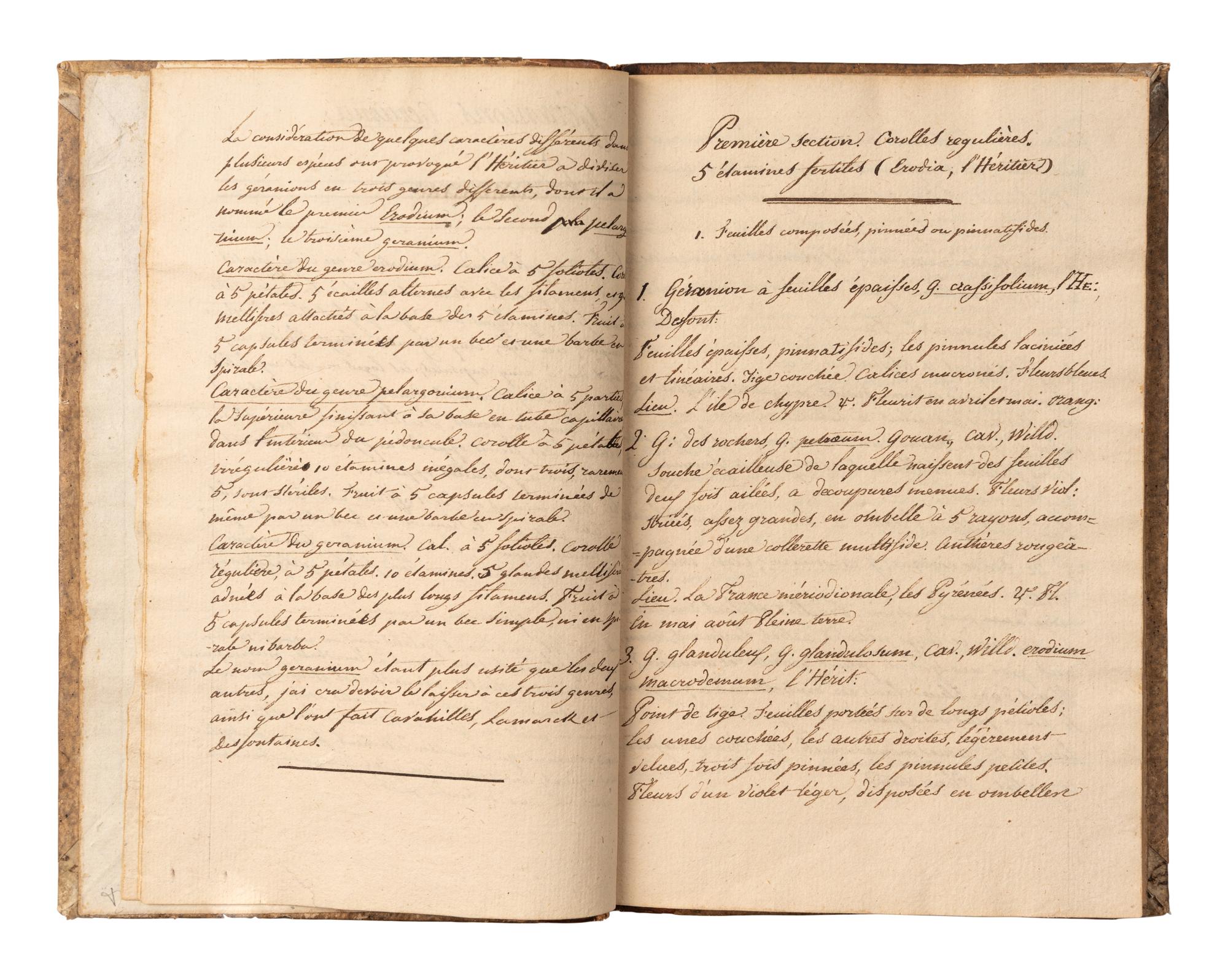 [MANUSCRIPTS—BOTANY]. [DUMONT, George Louis Marie de Courset (1746-1824). “Description de 131 Geranions à l’usage de Ch. Dutrieu.” [Paris], 1815.