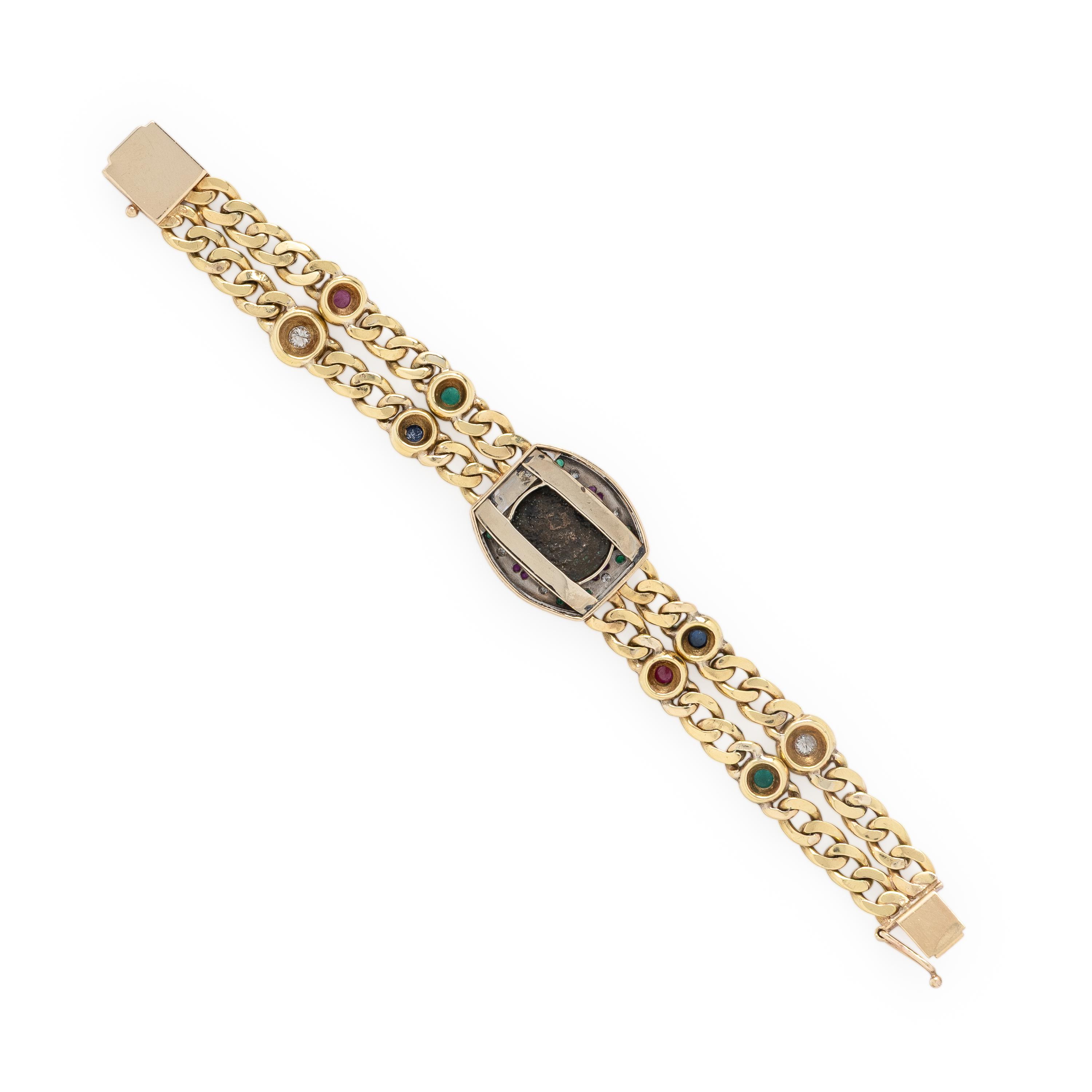 Multigem, Coin, and Yellow Gold Bracelet