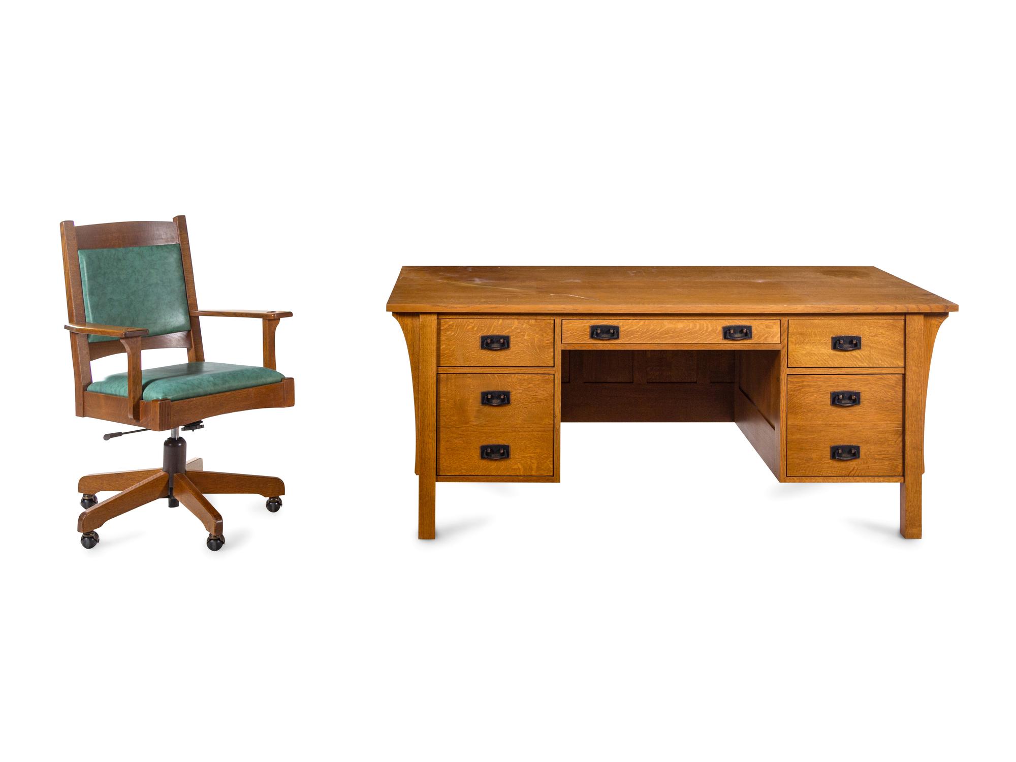 A Contemporary Stickley Arts and Crafts Style Oak Desk and Chair