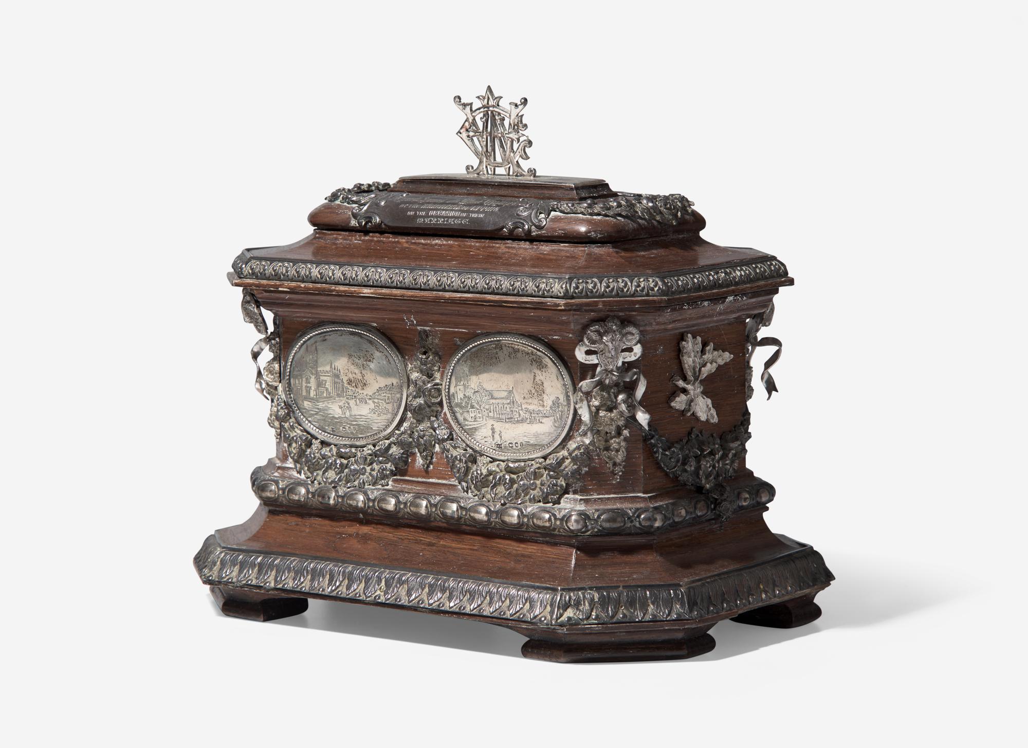 An English Engraved Silver-Mounted Presentation Tea Caddy