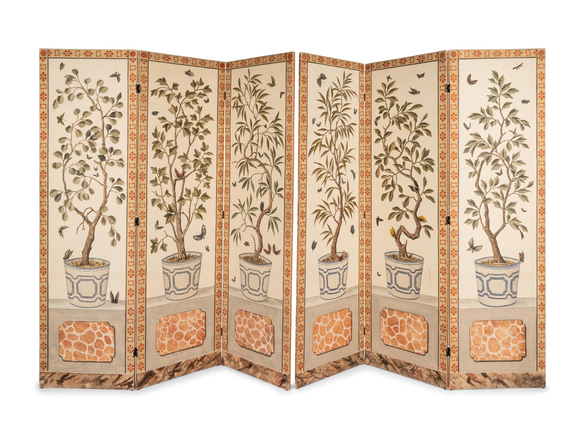 A Pair of Painted Three-Panel Screens