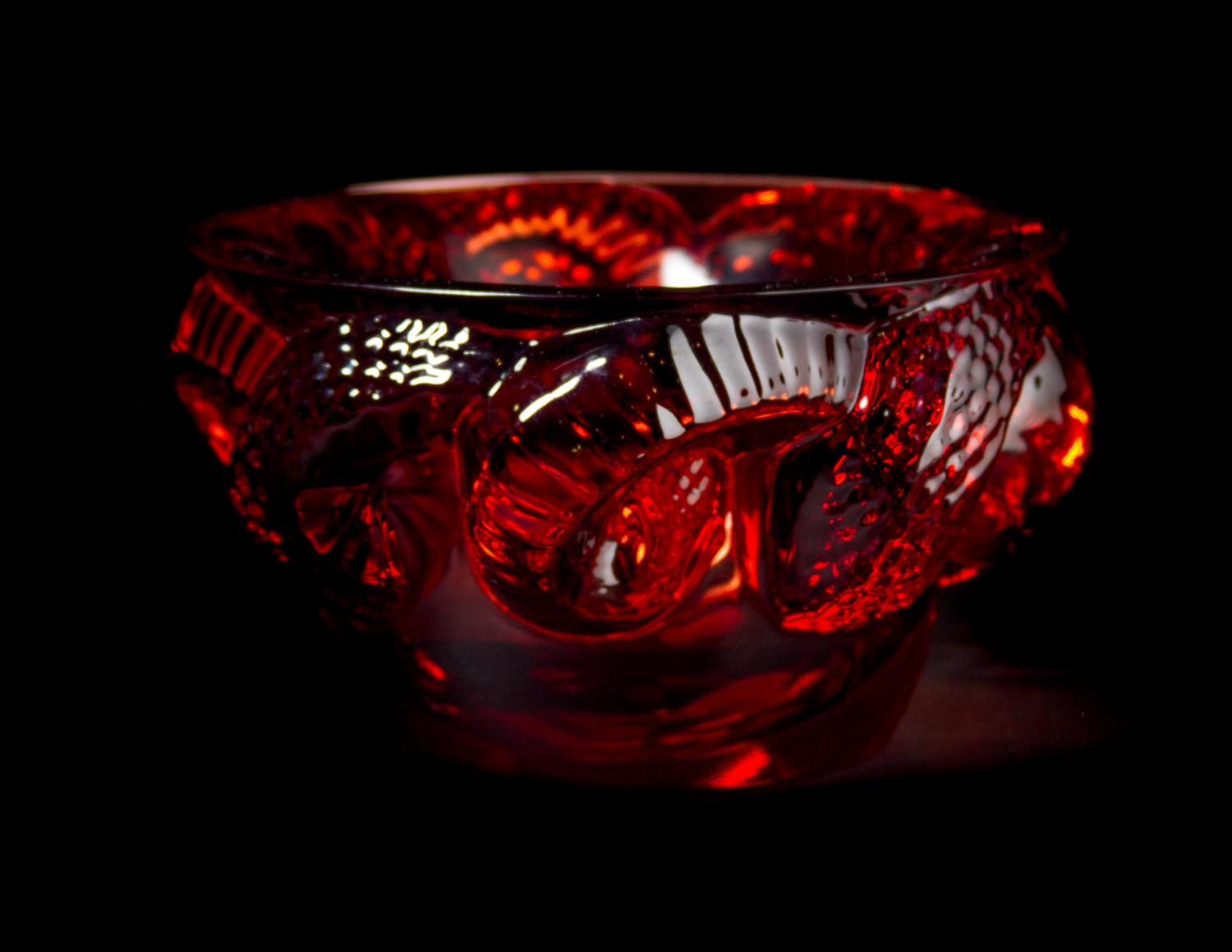 A Lalique Molded Red Glass Coupe, Height 3 3/4 inches.