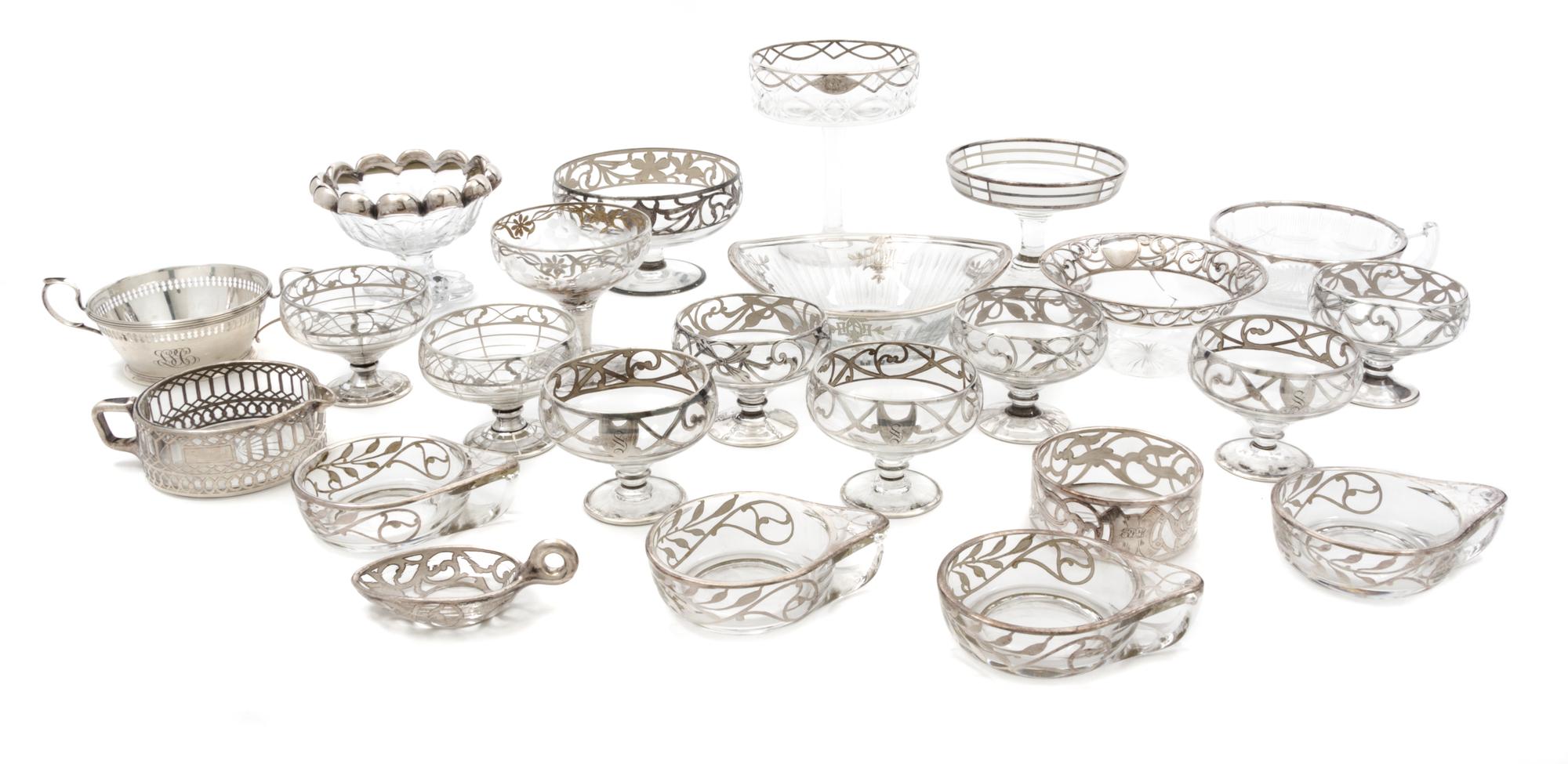 A Collection of Silver Overlay Glass Table Articles Height of tallest 5 1/2 inches.