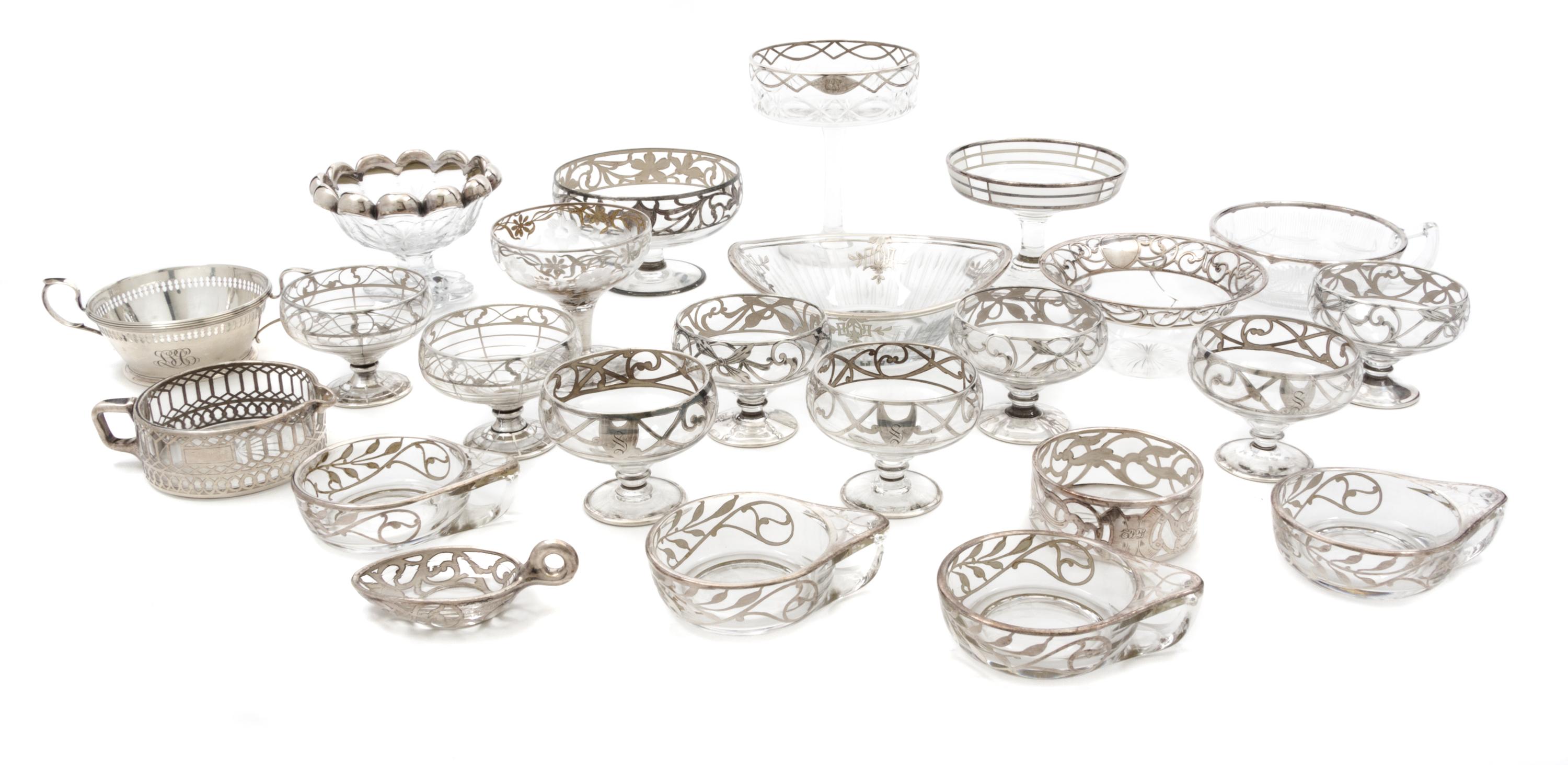 A Collection of Silver Overlay Glass Table Articles Height of tallest 5 1/2 inches.