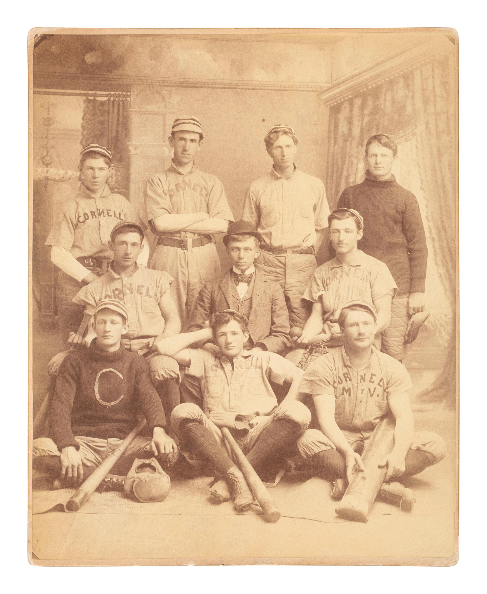 Baseball Mounted albumen photograph of Cornell's "College League Base Ball Club Spring 1894" with players identified on verso.