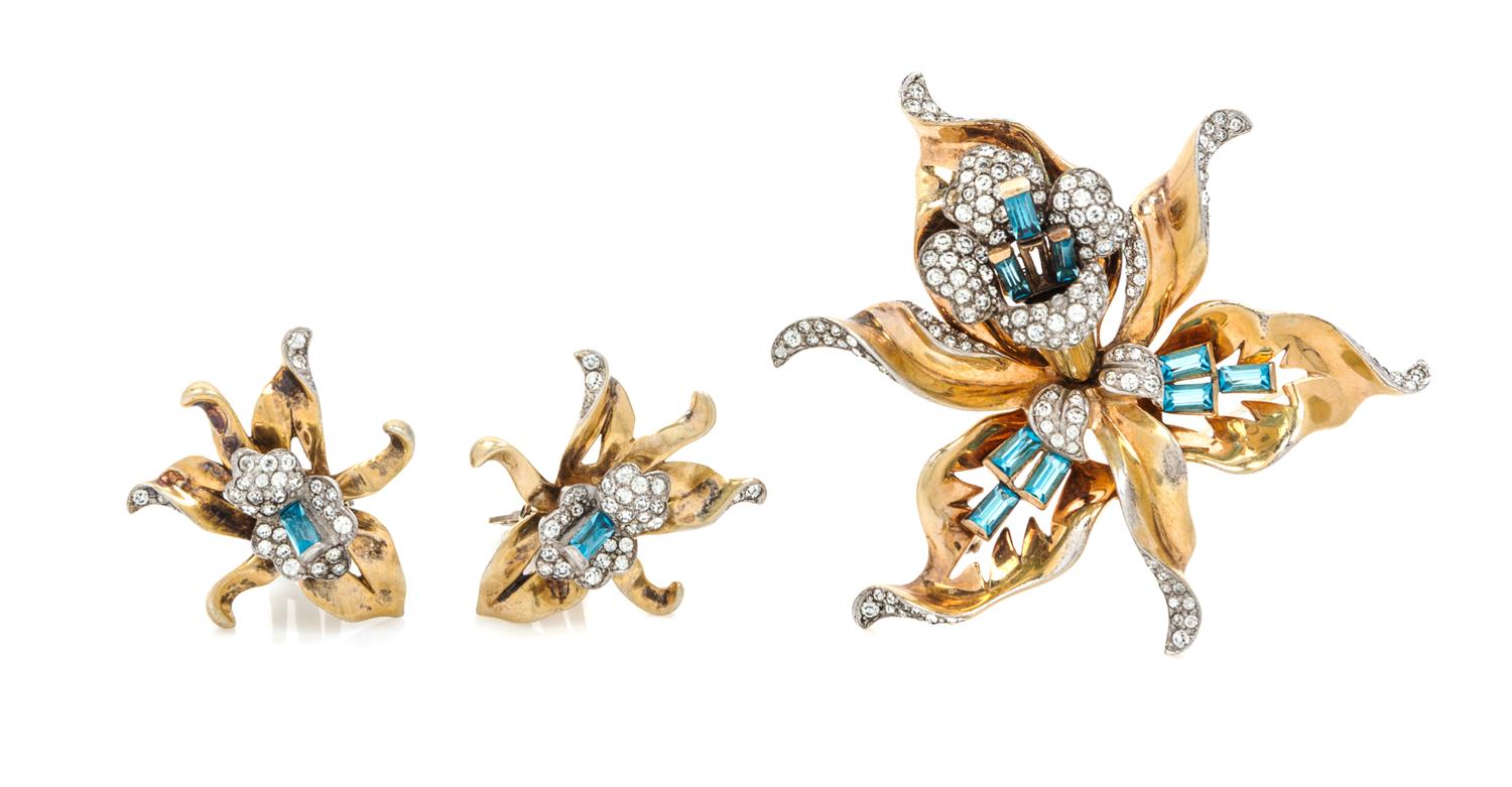 A Mazer Goldtone Sterling Floral Brooch and Earclips,