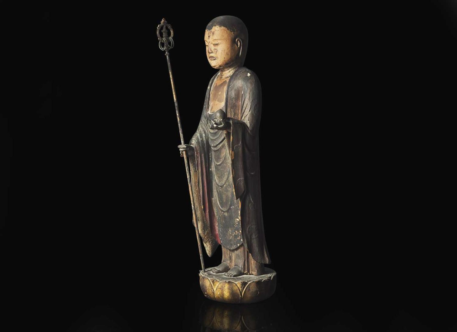A Japanese lacquered and painted wood figure of Jizo Bosatsu, Edo period or earlier 日本漆器木雕 江戶或更早