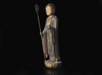 A Japanese lacquered and painted wood figure of Jizo Bosatsu, Edo period or earlier 日本漆器木雕 江戶或更早