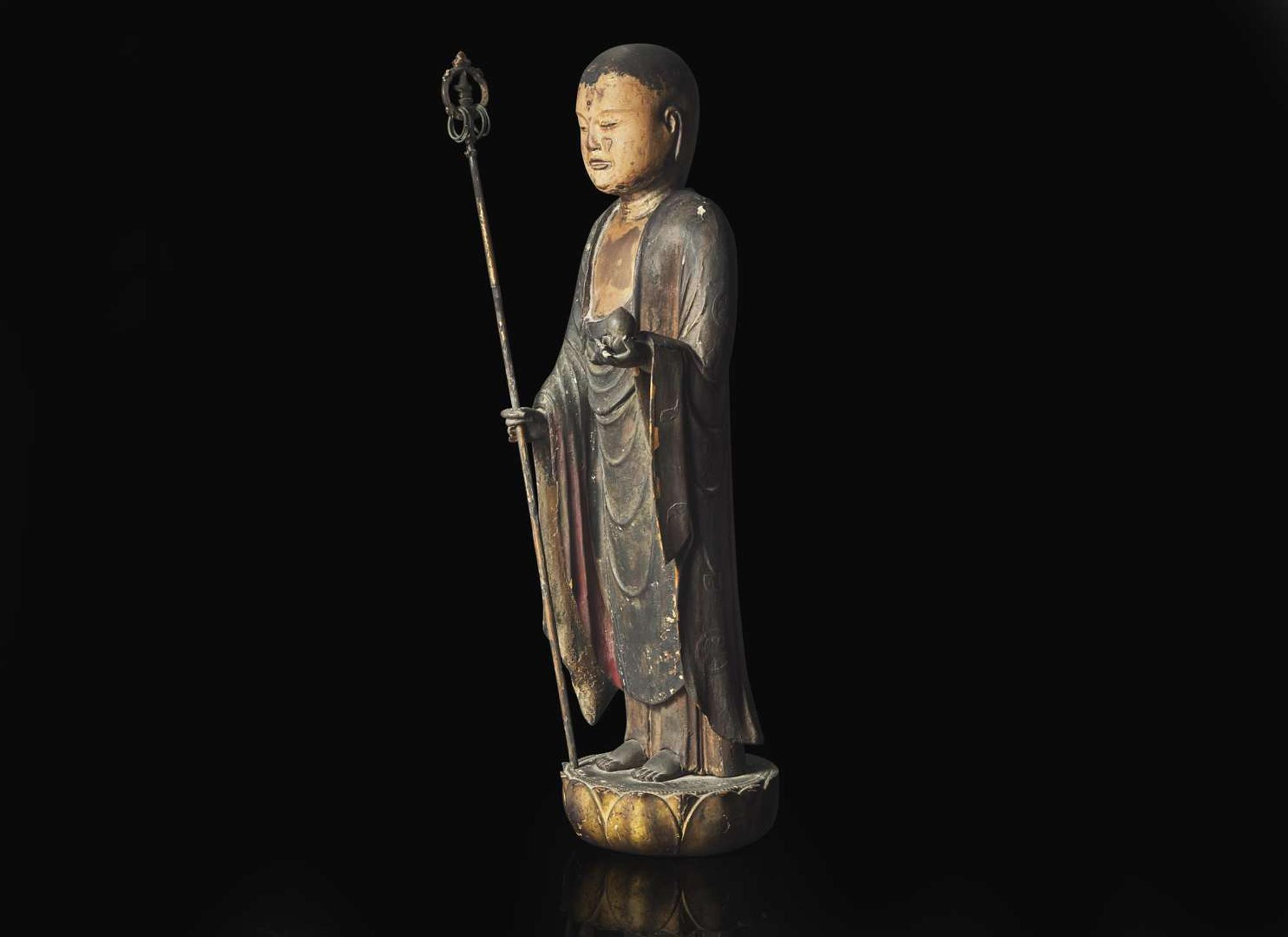 A Japanese lacquered and painted wood figure of Jizo Bosatsu, Edo period or earlier 日本漆器木雕 江戶或更早