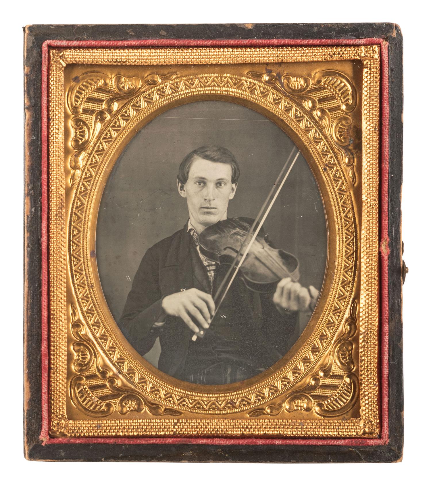 [EARLY PHOTOGRAPHY]. Sixth plate daguerreotype featuring a violinist posed with his instrument in playing position.