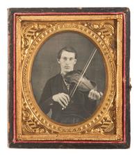 [EARLY PHOTOGRAPHY]. Sixth plate daguerreotype featuring a violinist posed with his instrument in playing position.
