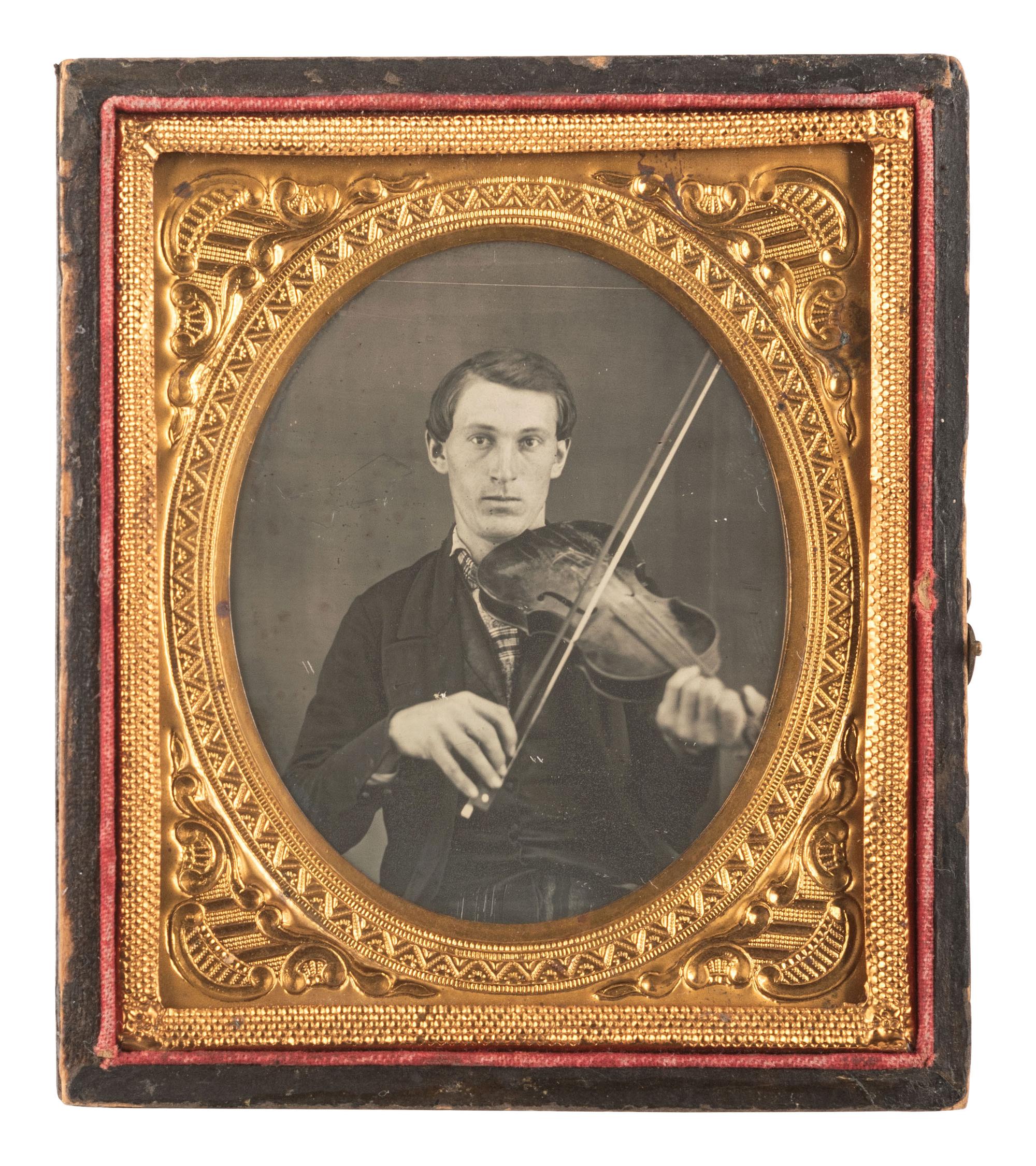 [EARLY PHOTOGRAPHY]. Sixth plate daguerreotype featuring a violinist posed with his instrument in playing position.