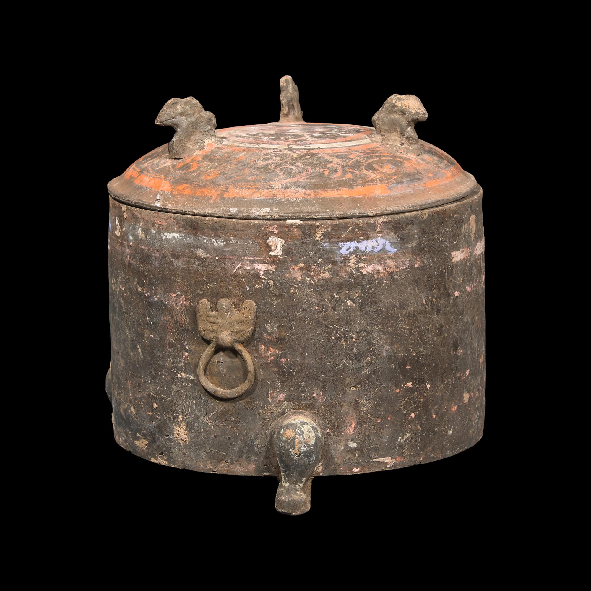 A Chinese Painted Grey Pottery Covered Vessel and Cover, Lian, Han Dynasty 漢 灰陶彩繪三足匲