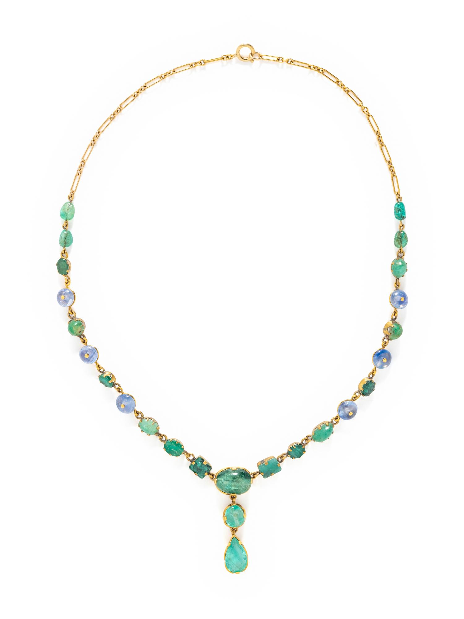 YELLOW GOLD, EMERALD AND SAPPHIRE NECKLACE