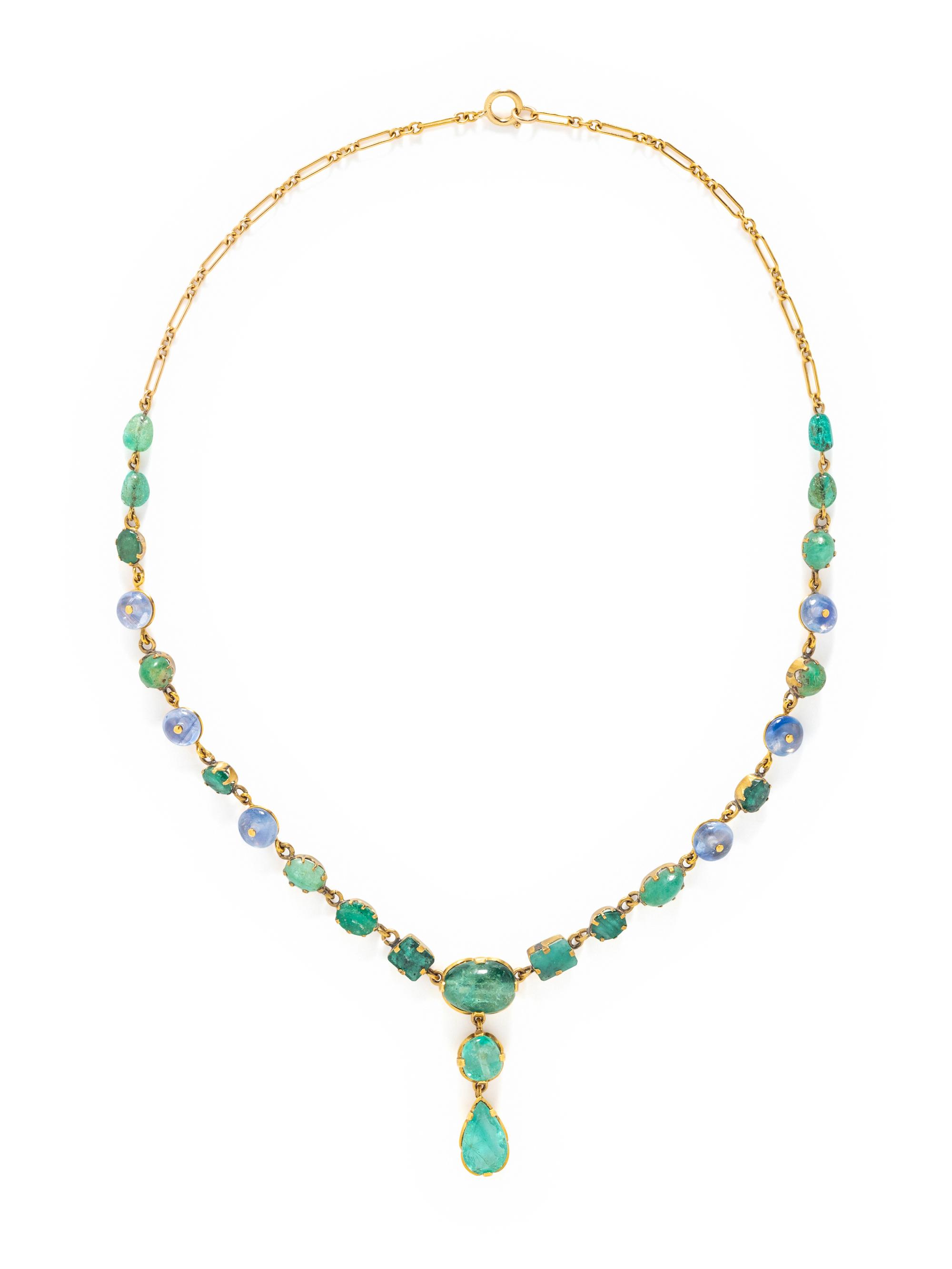 YELLOW GOLD, EMERALD AND SAPPHIRE NECKLACE