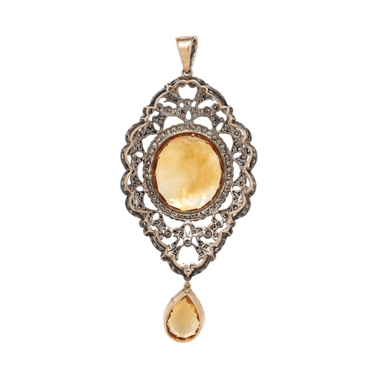 SILVER-TOPPED GOLD, CITRINE AND DIAMOND PENDANT