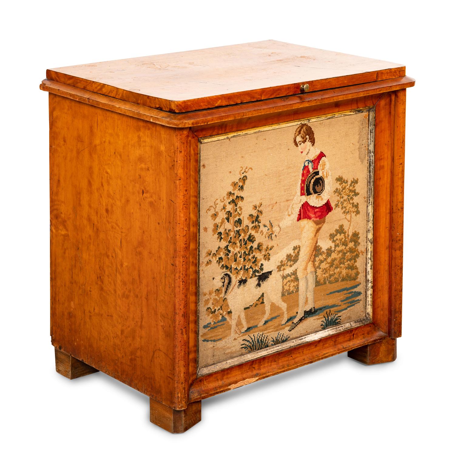A Needlework-Inset Maple Storage Chest