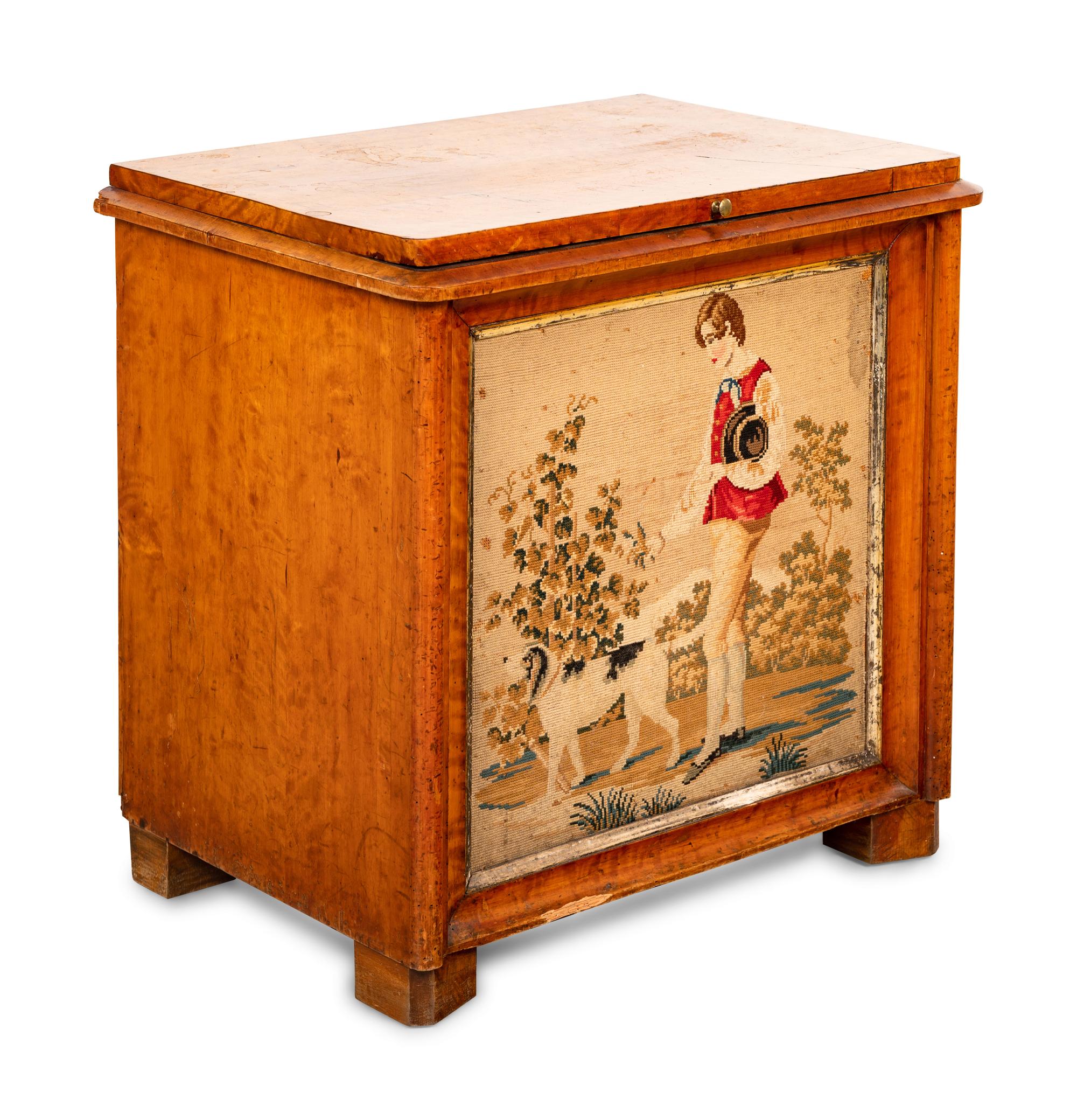 A Needlework-Inset Maple Storage Chest