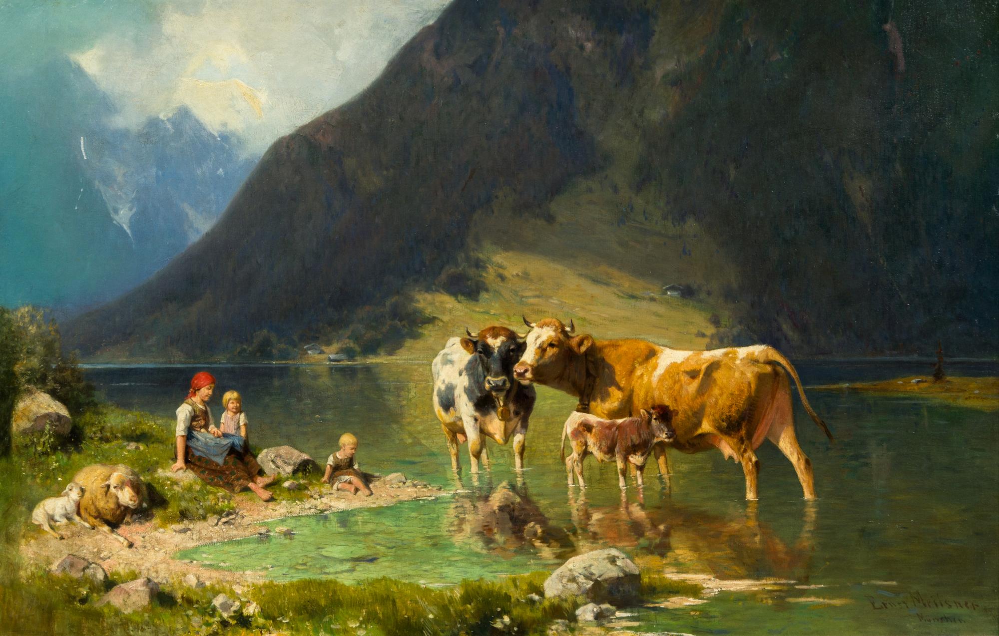 Ernst Meilsner, (British, 20th century), A Mother and Child with Cows and Sheep