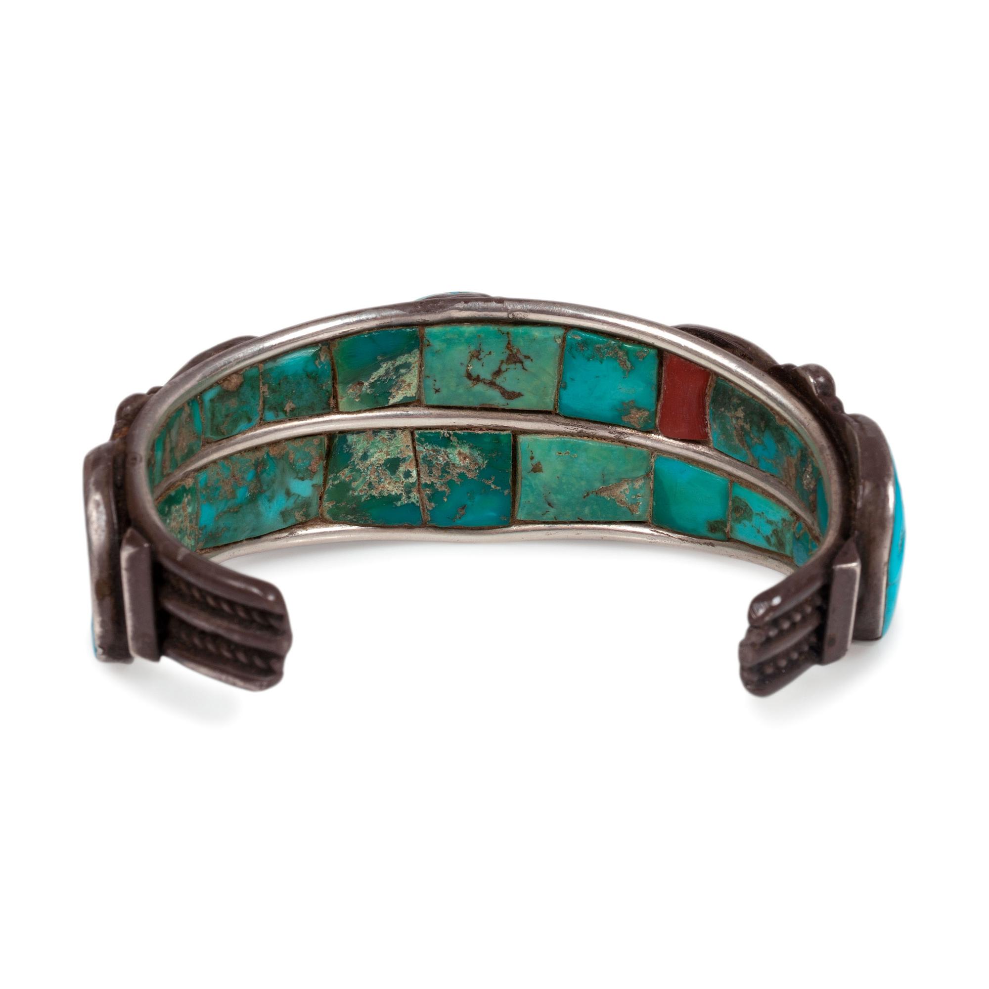 Navajo Silver and Turquoise Cuff Bracelet, with Inlay on Interior and Front
