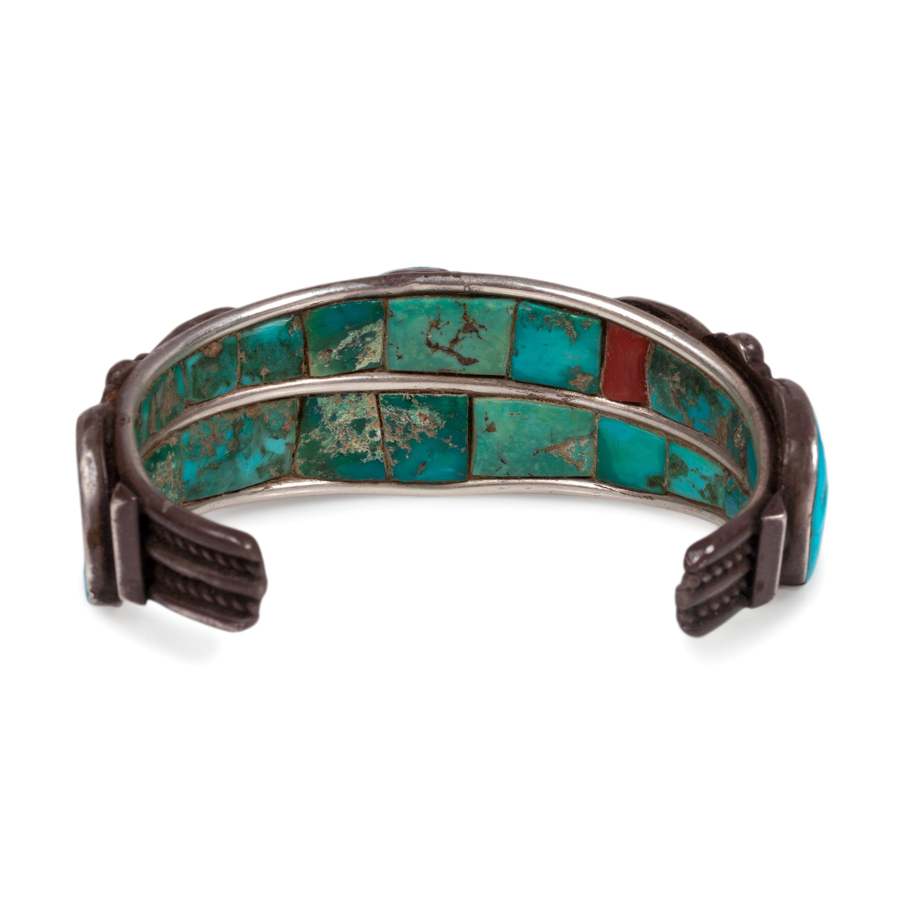 Navajo Silver and Turquoise Cuff Bracelet, with Inlay on Interior and Front