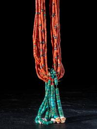 Navajo or Pueblo Multi-strand Coral Necklace, with Rolled Turquoise Joclas