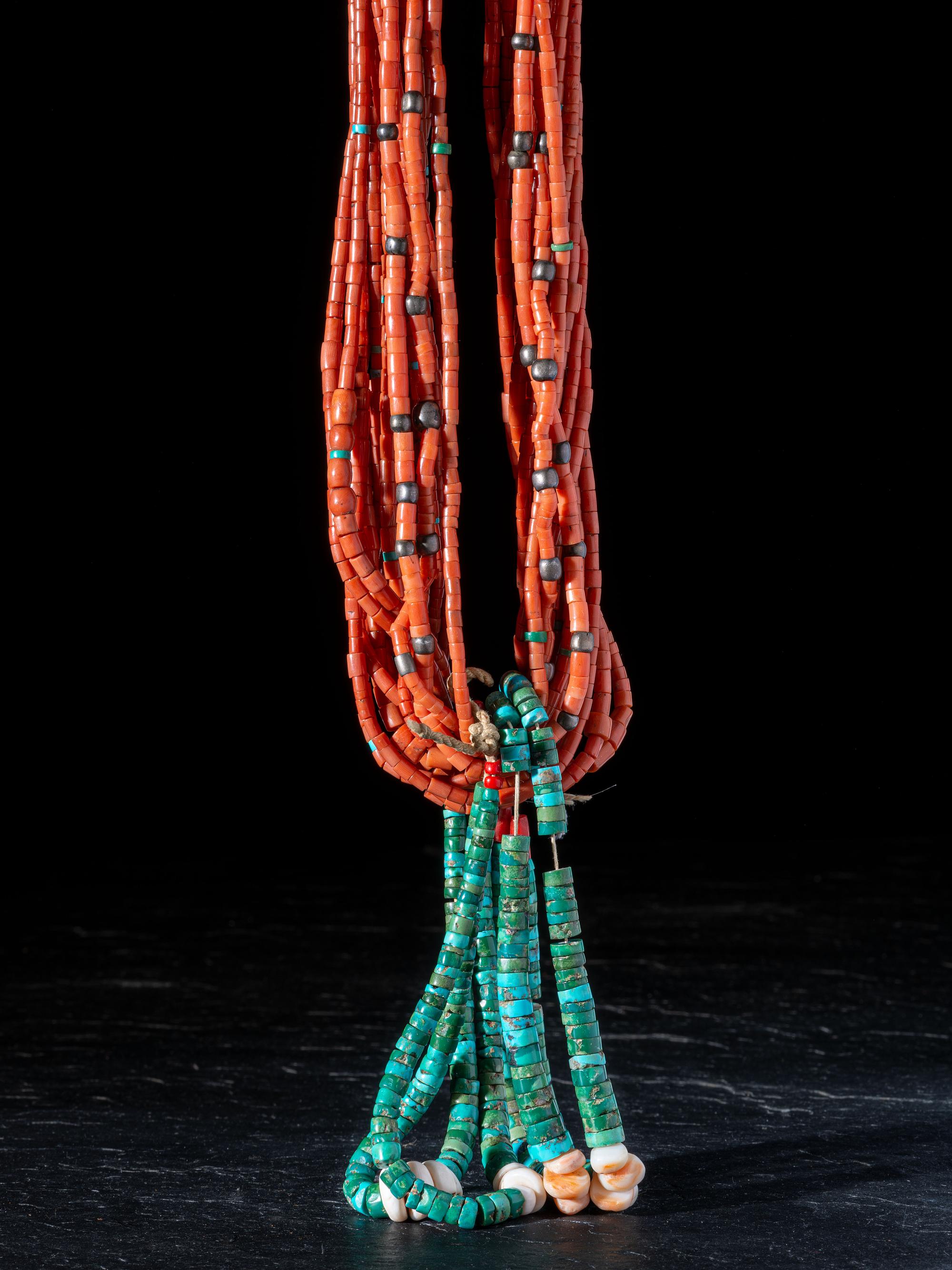 Navajo or Pueblo Multi-strand Coral Necklace, with Rolled Turquoise Joclas