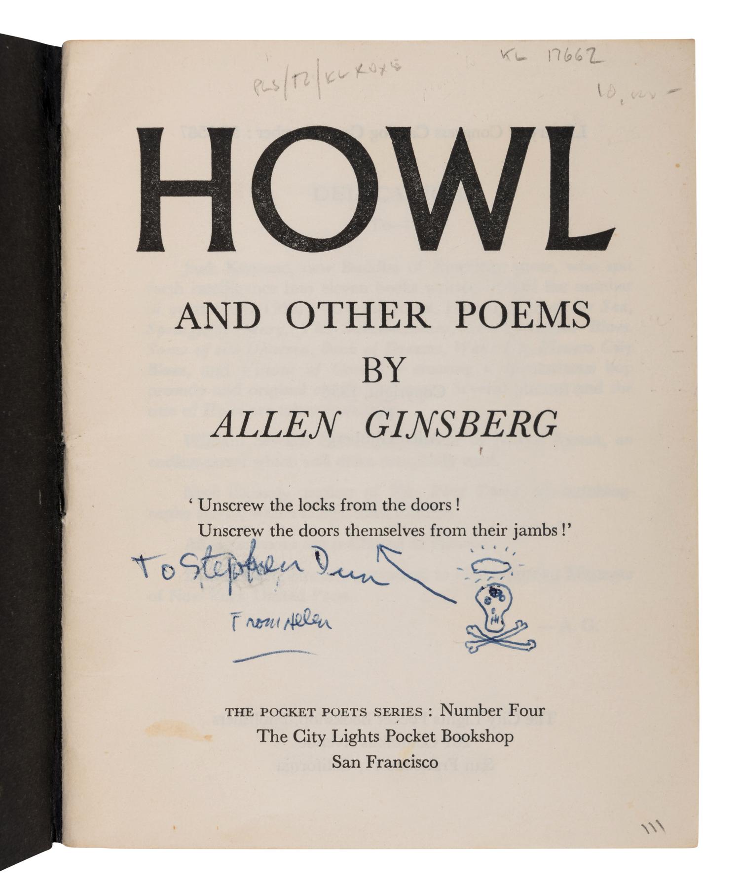 GINSBERG, Allen (1926-1997). Howl and Other Poems . With an Introduction by William Carlos Williams. San Francisco: The City Lights Pocket Bookshop, 1956.