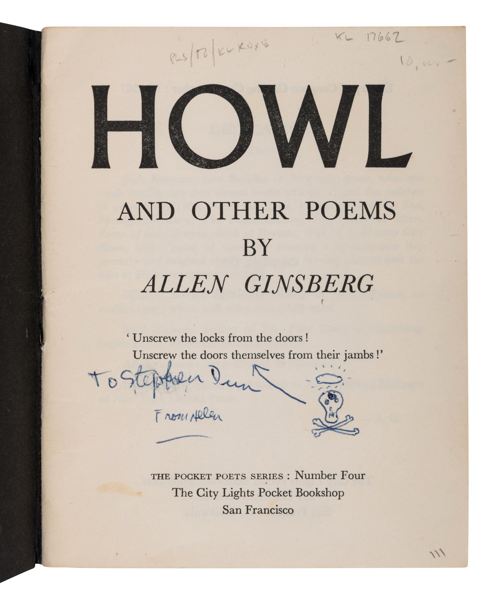 GINSBERG, Allen (1926-1997). Howl and Other Poems . With an Introduction by William Carlos Williams. San Francisco: The City Lights Pocket Bookshop, 1956.