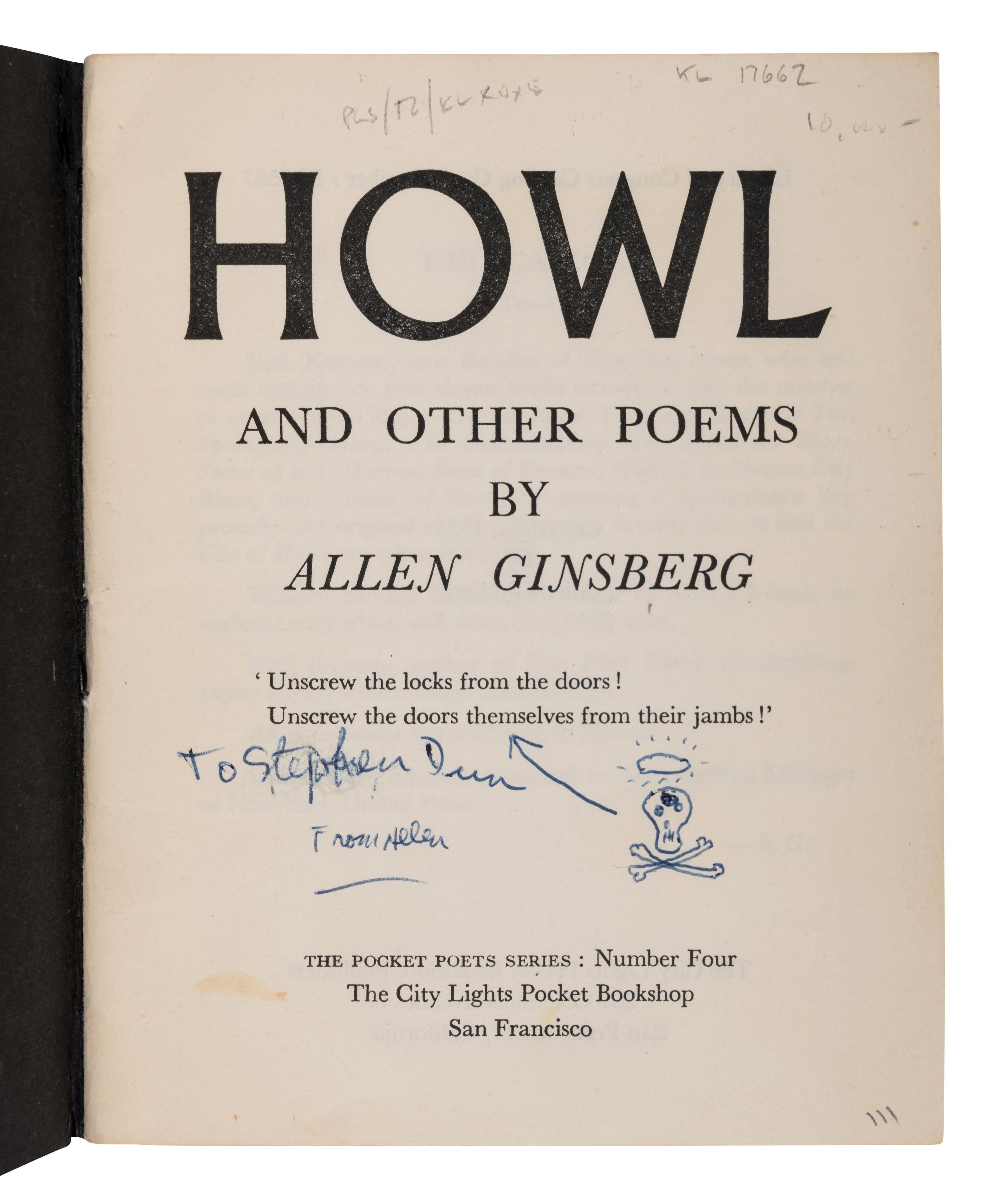 GINSBERG, Allen (1926-1997). Howl and Other Poems . With an Introduction by William Carlos Williams. San Francisco: The City Lights Pocket Bookshop, 1956.