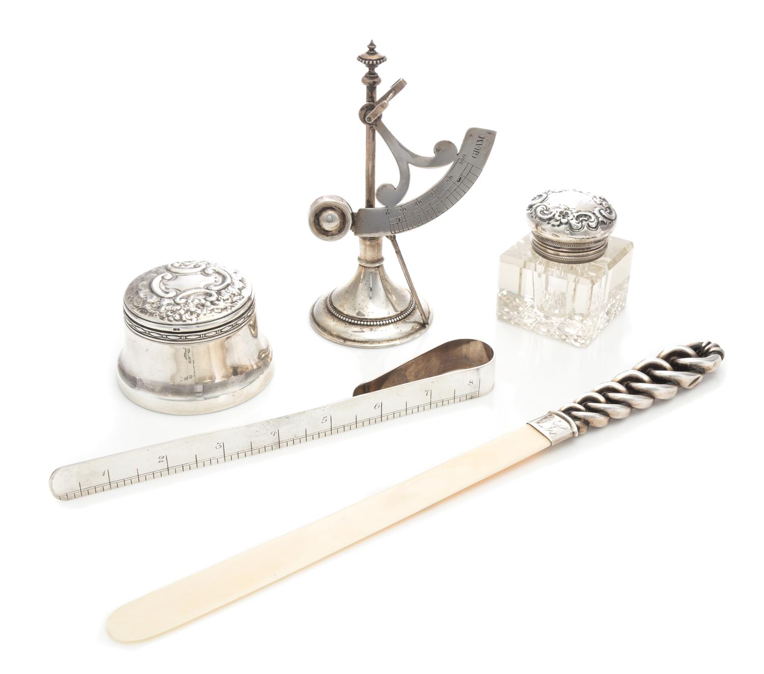 A Group of Six Silver Desk Articles, Various Makers, comprising an American silver postal scale and inkwell and an English silver page