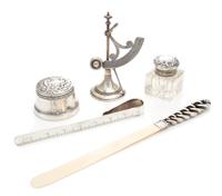 A Group of Six Silver Desk Articles, Various Makers, comprising an American silver postal scale and inkwell and an English silver page