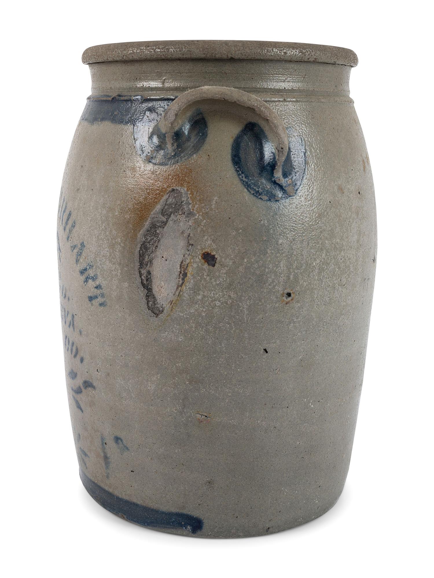 A Pennsylvania Cobalt-Stenciled Four-Gallon Stoneware Crock
