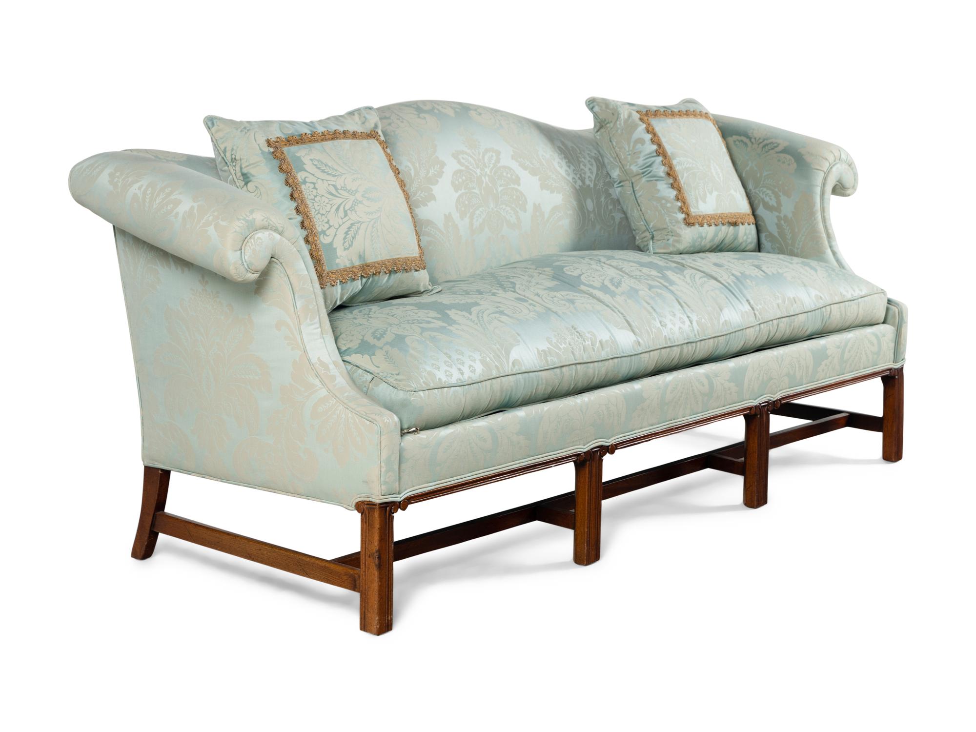 A Georgian Style Damask Upholstered Camelback Sofa