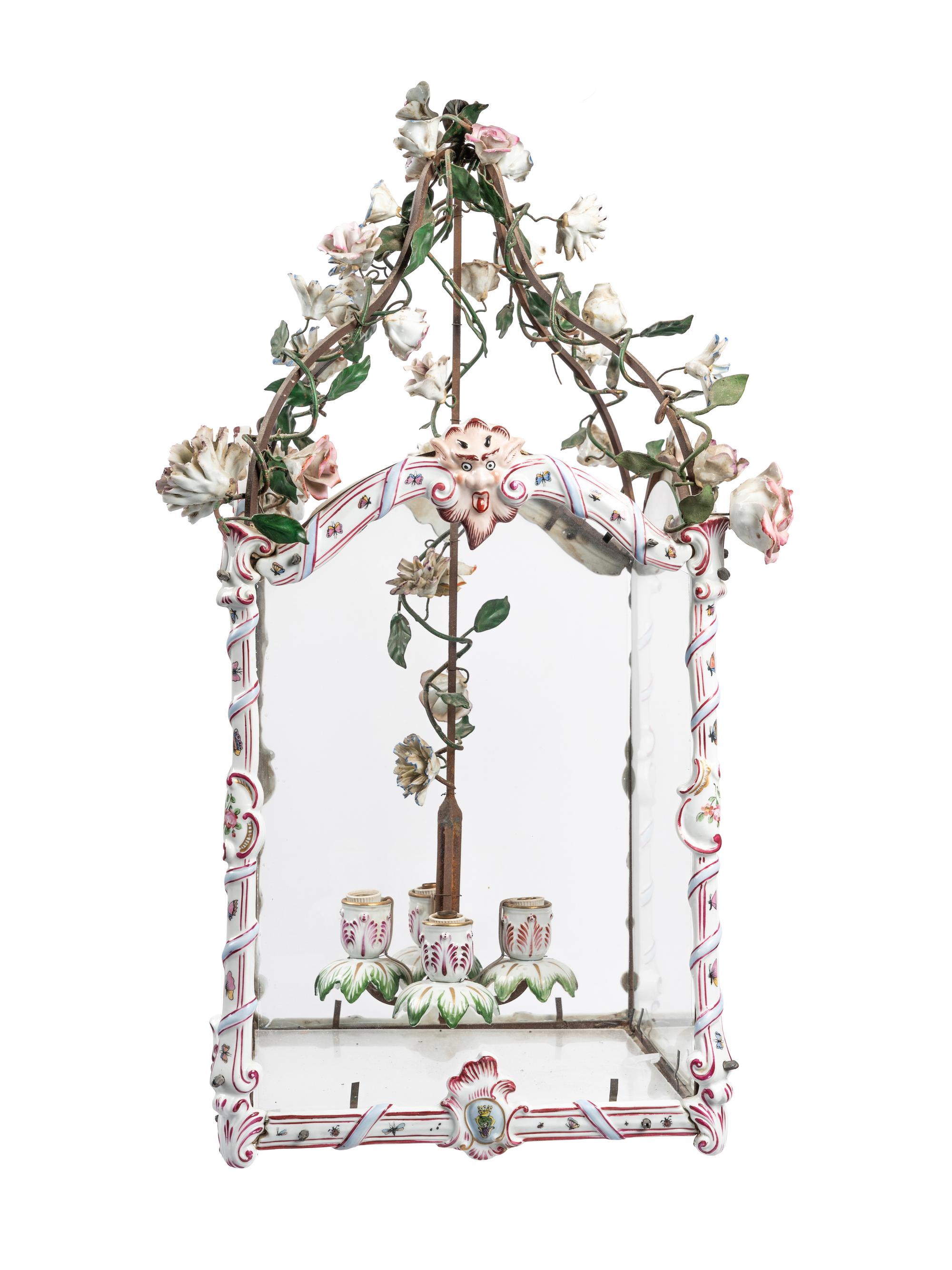 A French Gilt Metal, Porcelain and Tôle Four-Light Lantern