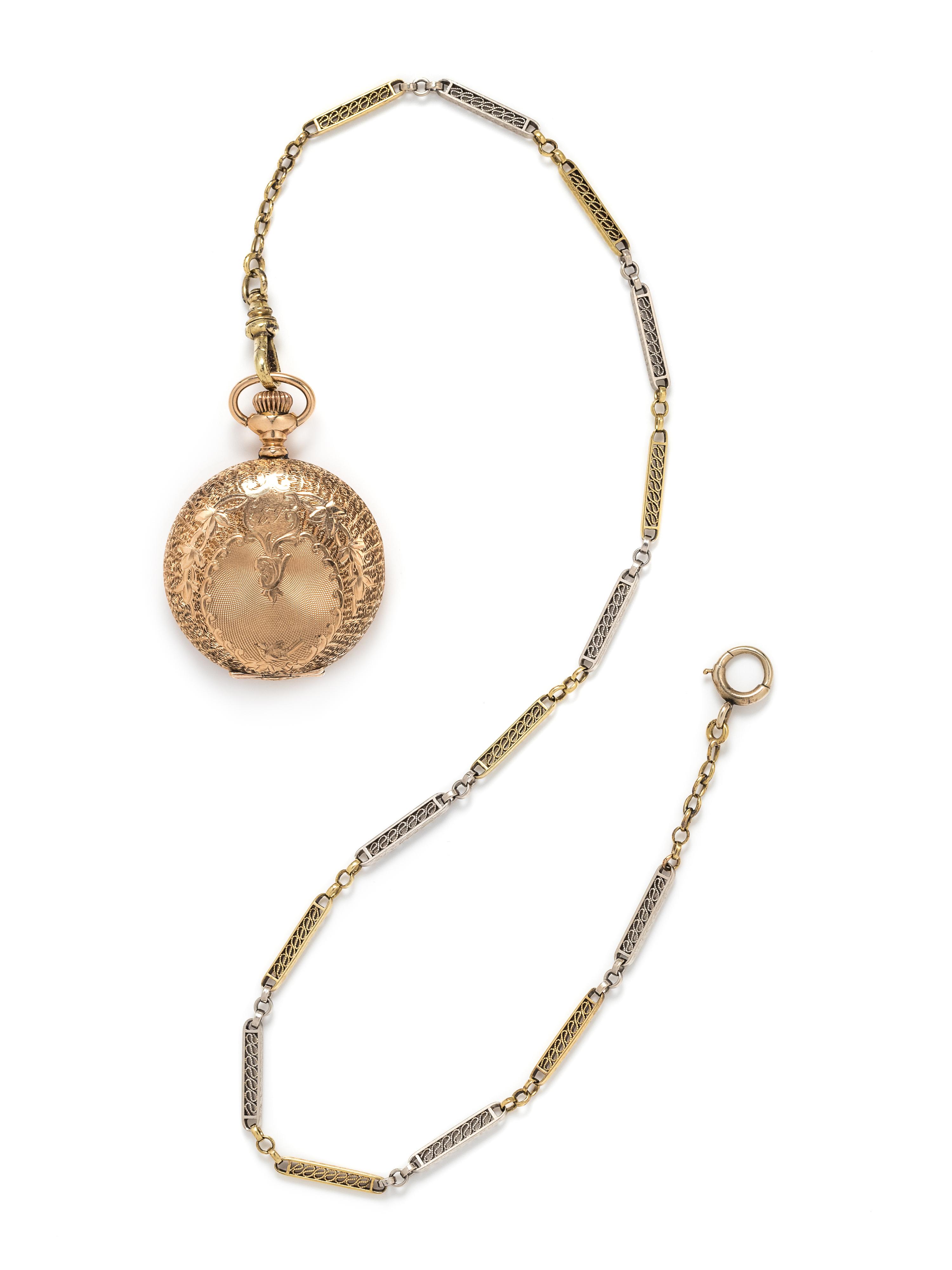ELGIN, 14K PINK GOLD HUNTER CASE POCKET WATCH AND FOB CHAIN