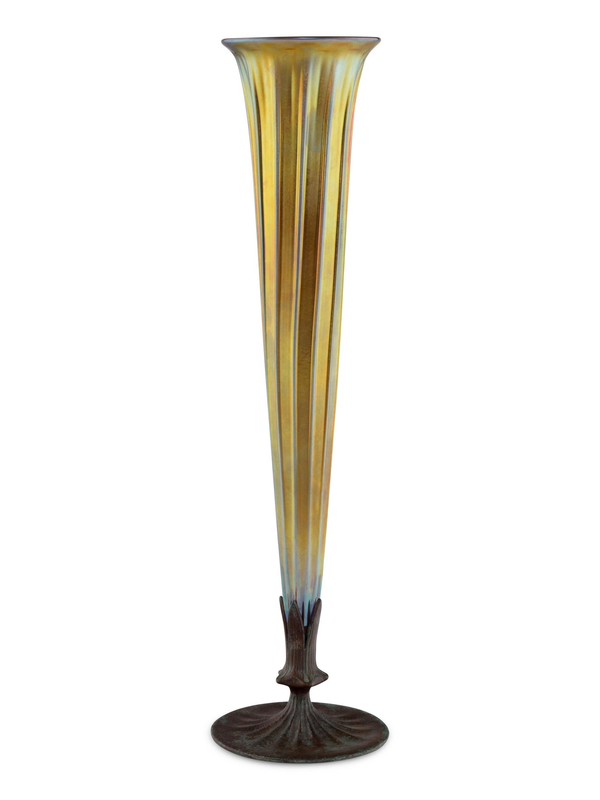 A Lundberg Studios Bronze Mounted Iridescent Glass Vase