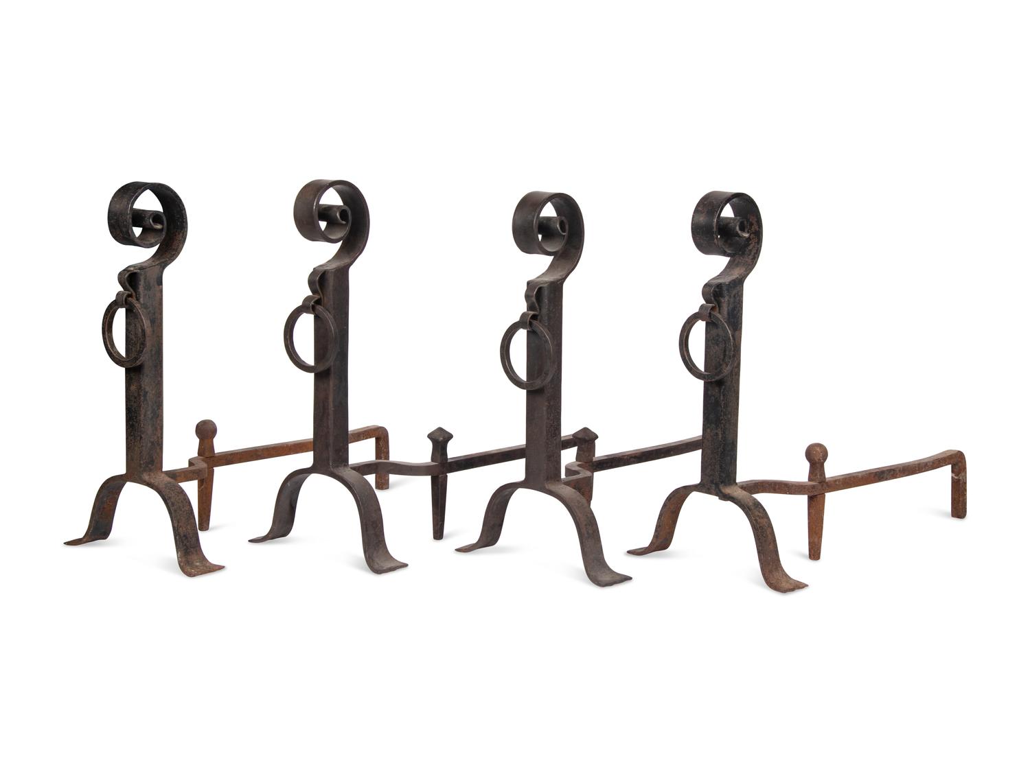 Two Pairs of Arts and Crafts Wrought Iron Andirons